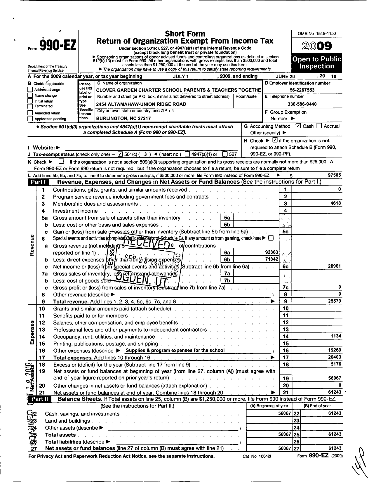 Image of first page of 2009 Form 990EZ for Clover Garden Charter School Parent and Teachers Together PTT