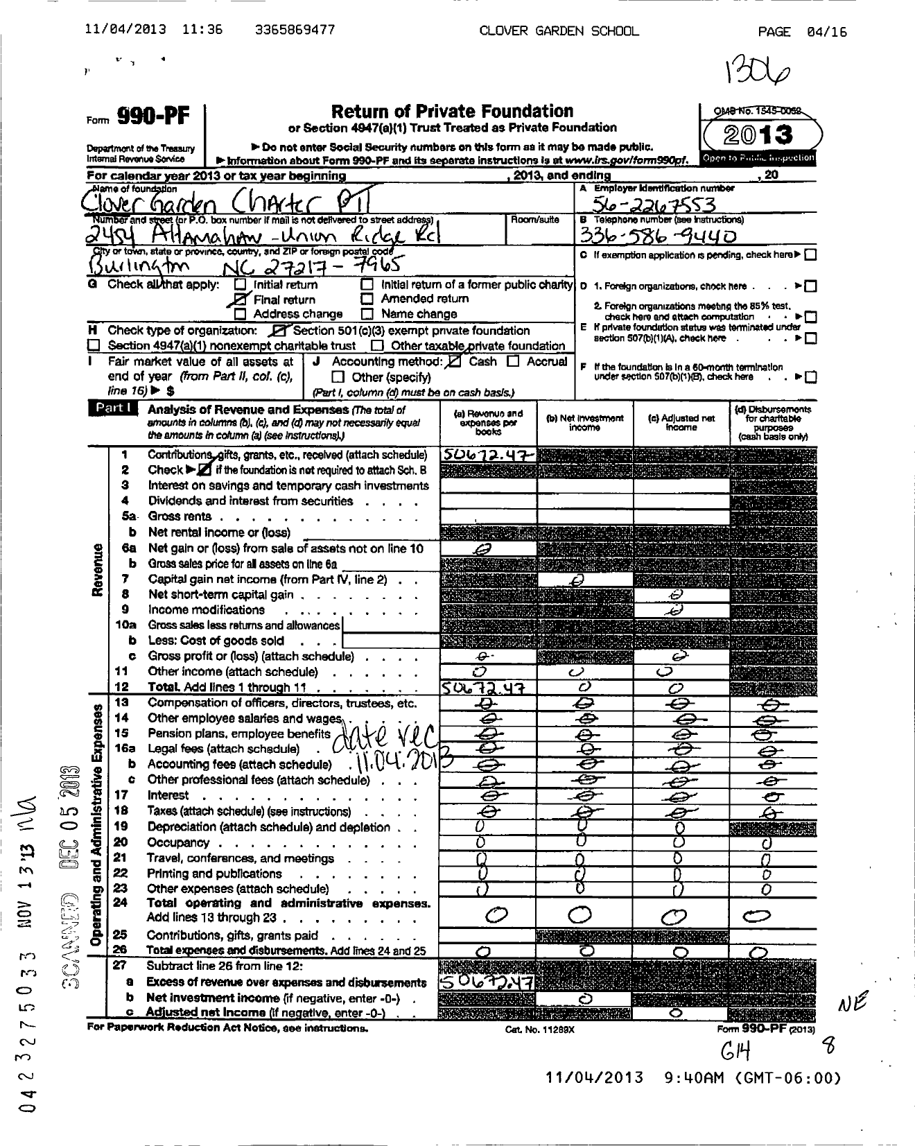 Image of first page of 2012 Form 990PF for Clover Garden Charter School Parent and Teachers Together PTT