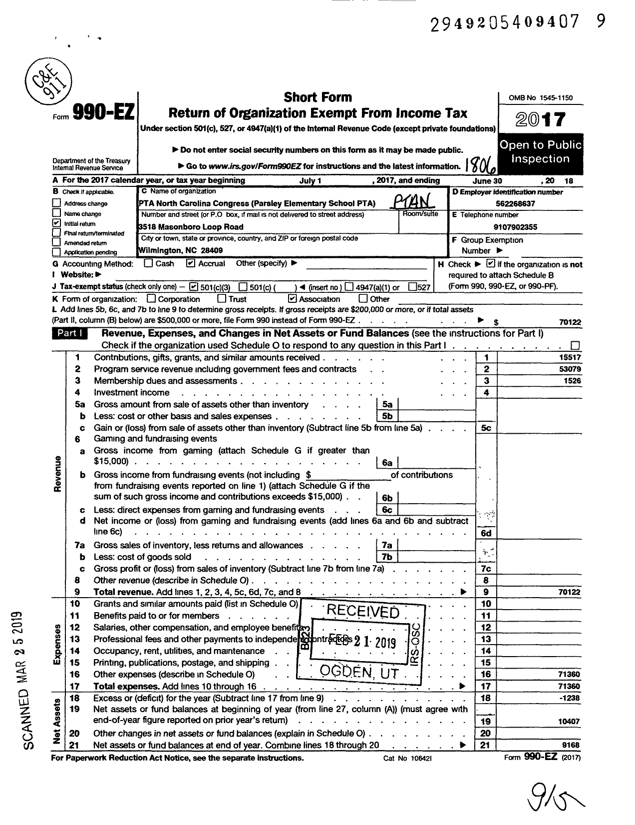 Image of first page of 2017 Form 990EZ for North Carolina PTA - Masonboro Elementary School PTA