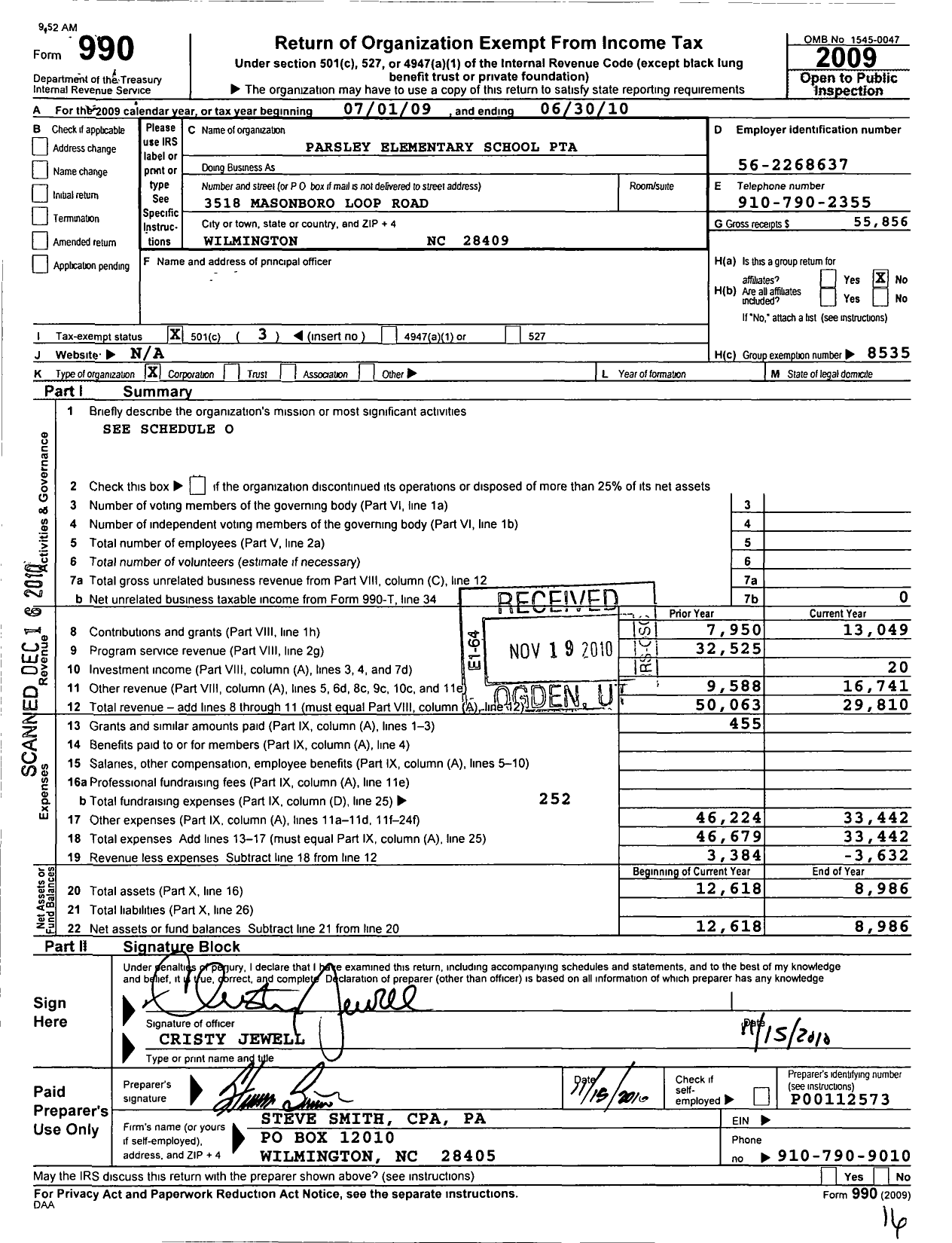 Image of first page of 2009 Form 990 for North Carolina PTA - Masonboro Elementary School PTA