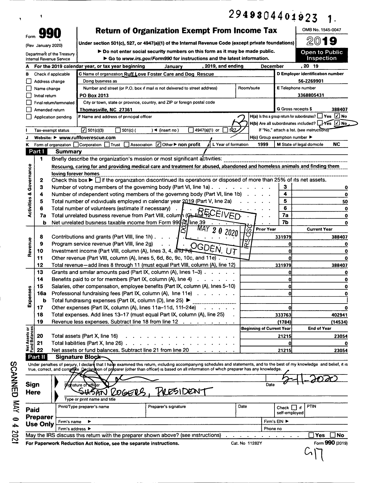 Image of first page of 2019 Form 990 for Ruff Love Foster Care and Dog Rescue