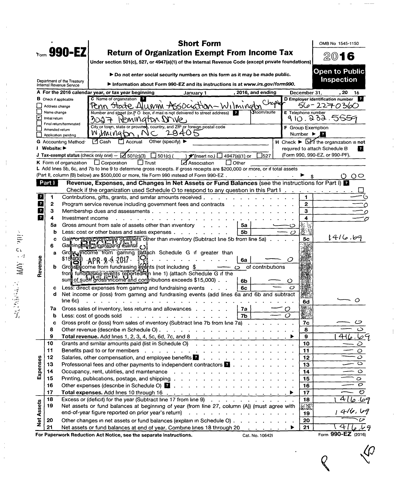 Image of first page of 2016 Form 990EZ for Penn State Alumni Association / Wilmington Chapter