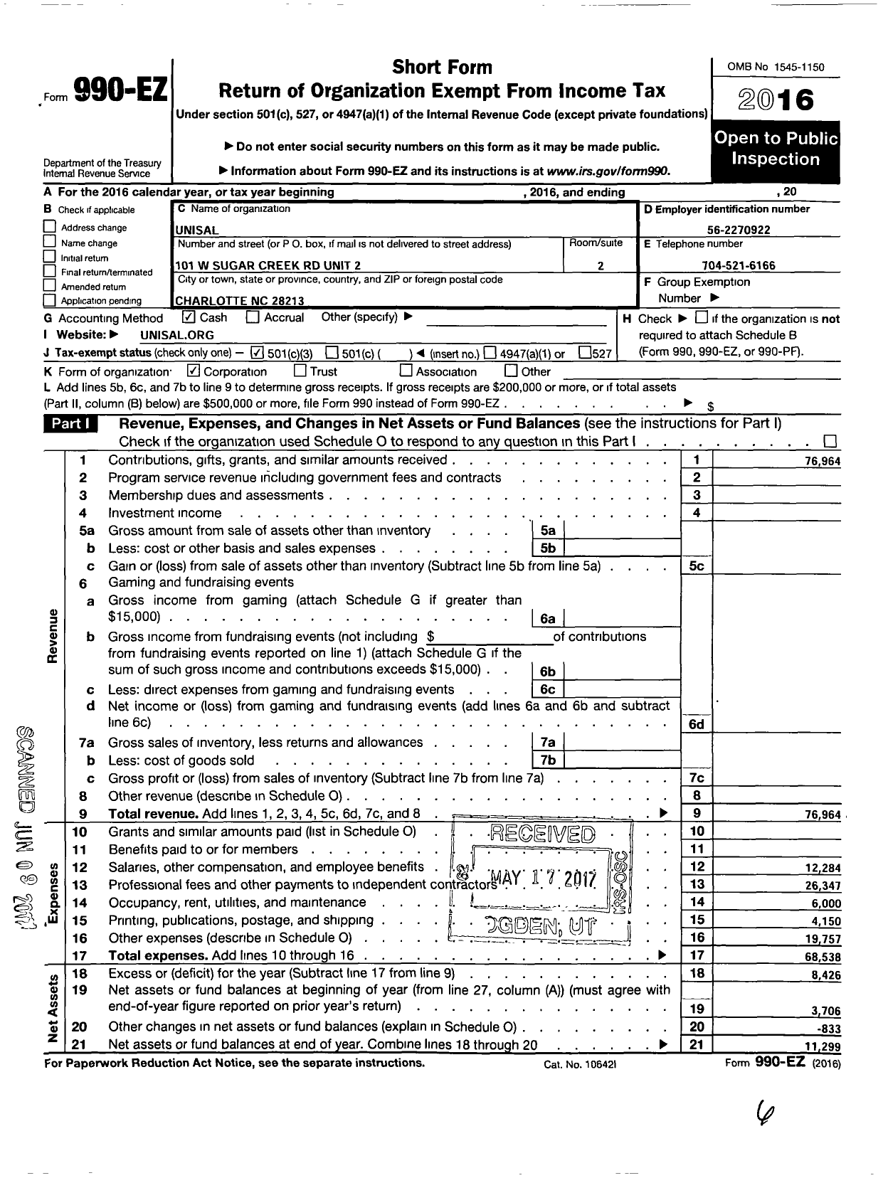 Image of first page of 2016 Form 990EZ for Unisal