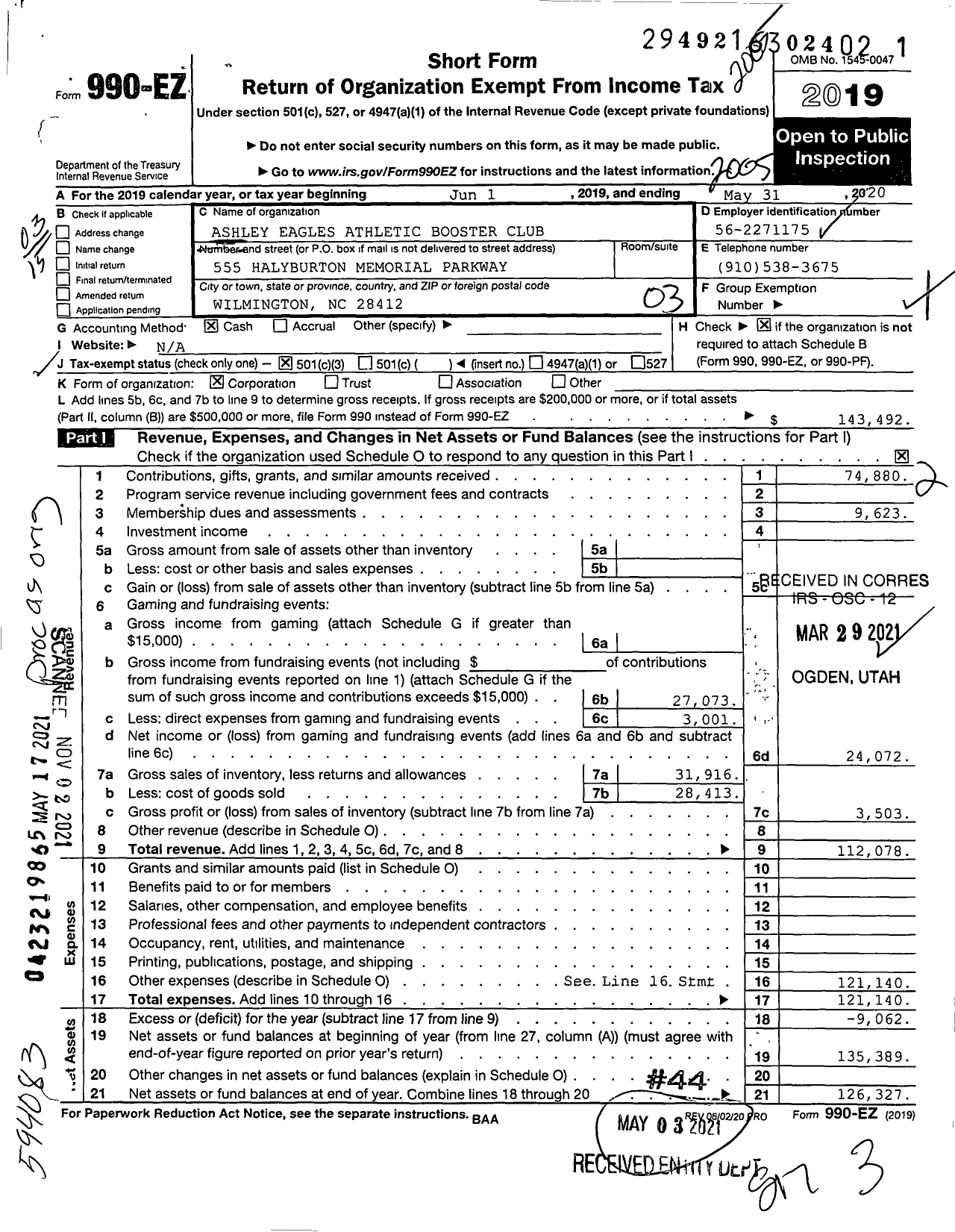 Image of first page of 2019 Form 990EZ for Ashley Eagles Athletic Booster Club