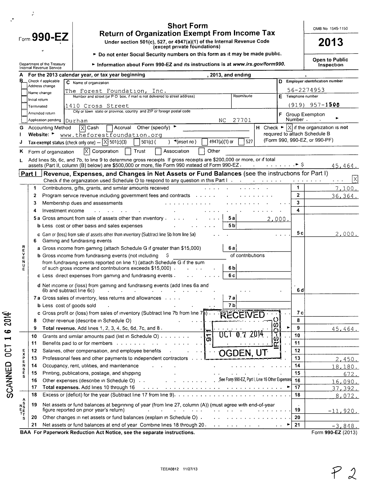 Image of first page of 2013 Form 990EZ for The Forest Foundation