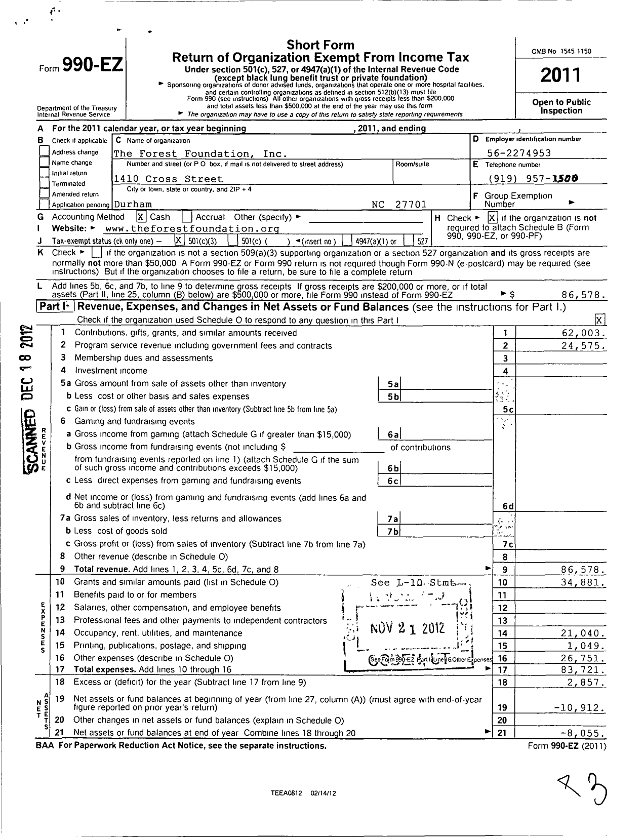 Image of first page of 2011 Form 990EZ for The Forest Foundation