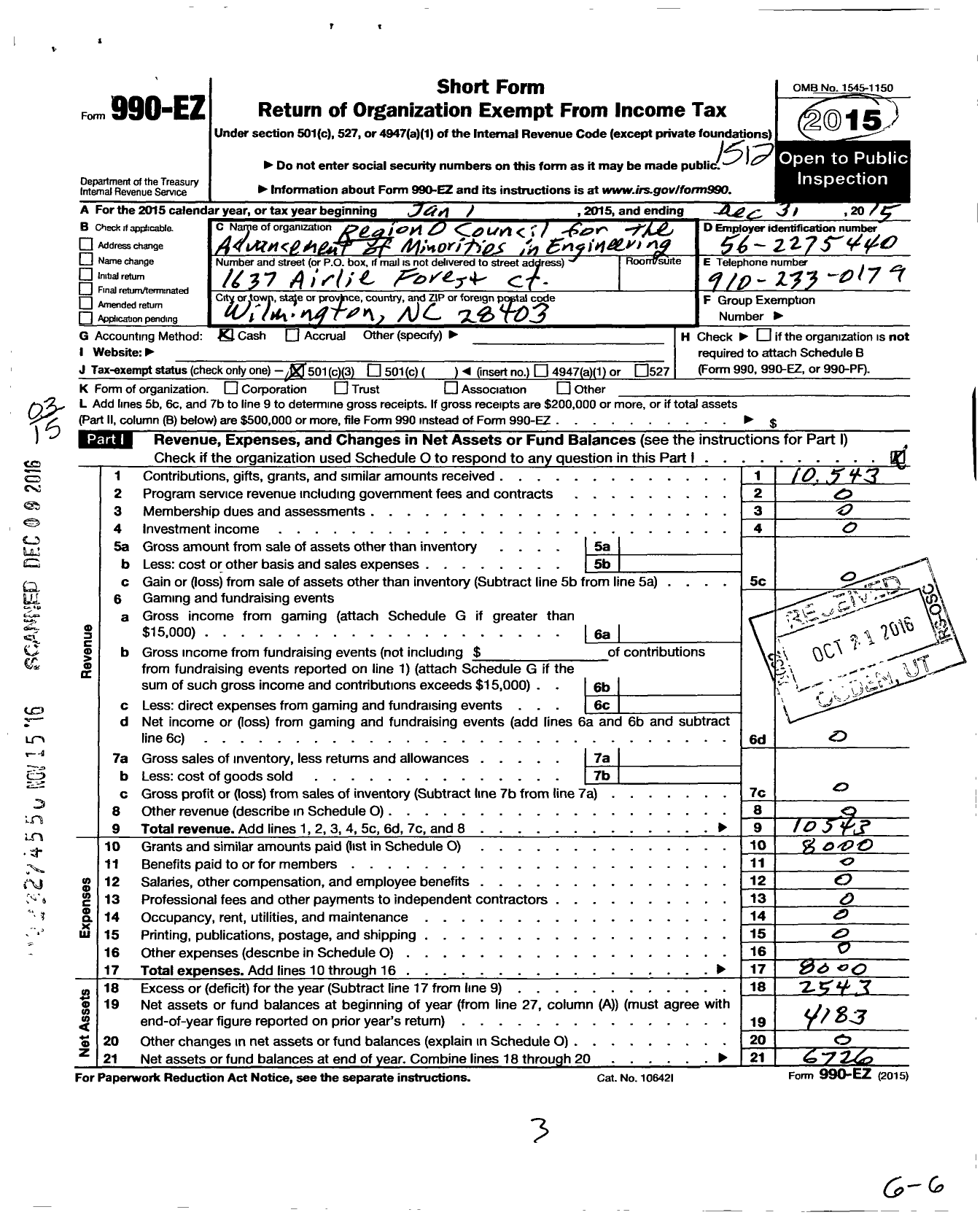 Image of first page of 2015 Form 990EZ for Region O Council for the Advancement of Minorities in Engineerin