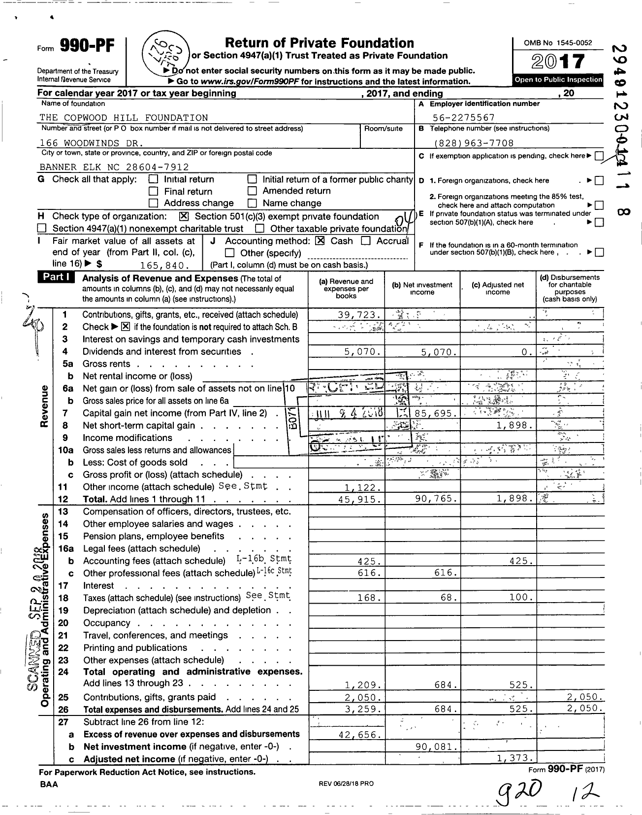 Image of first page of 2017 Form 990PF for The Copwood Hill Foundation