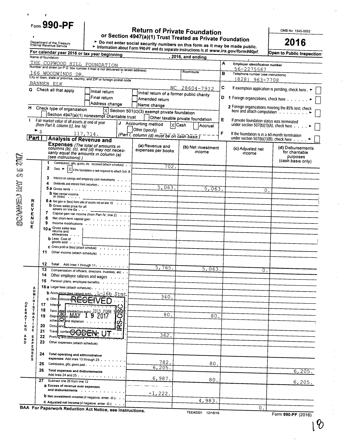 Image of first page of 2016 Form 990PF for The Copwood Hill Foundation