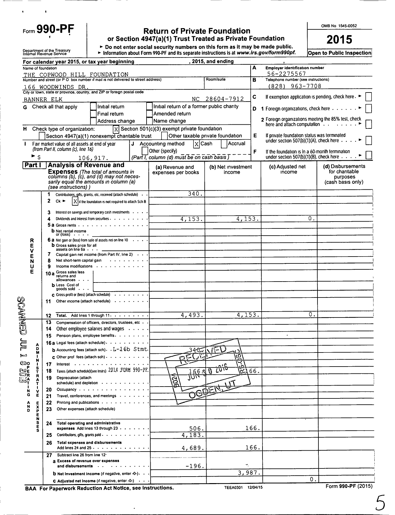 Image of first page of 2015 Form 990PF for The Copwood Hill Foundation