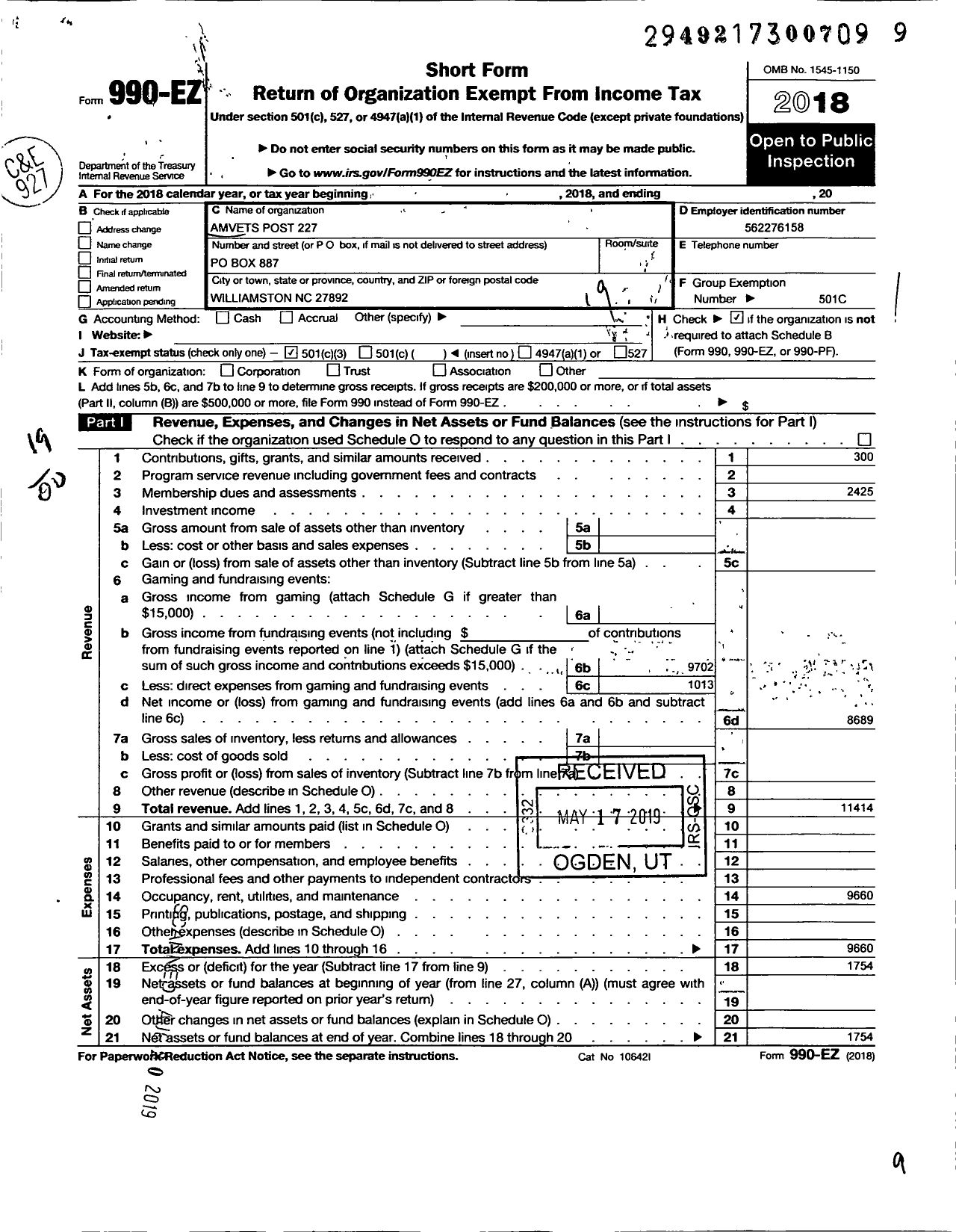 Image of first page of 2018 Form 990EO for Amvets - 227 NC Post