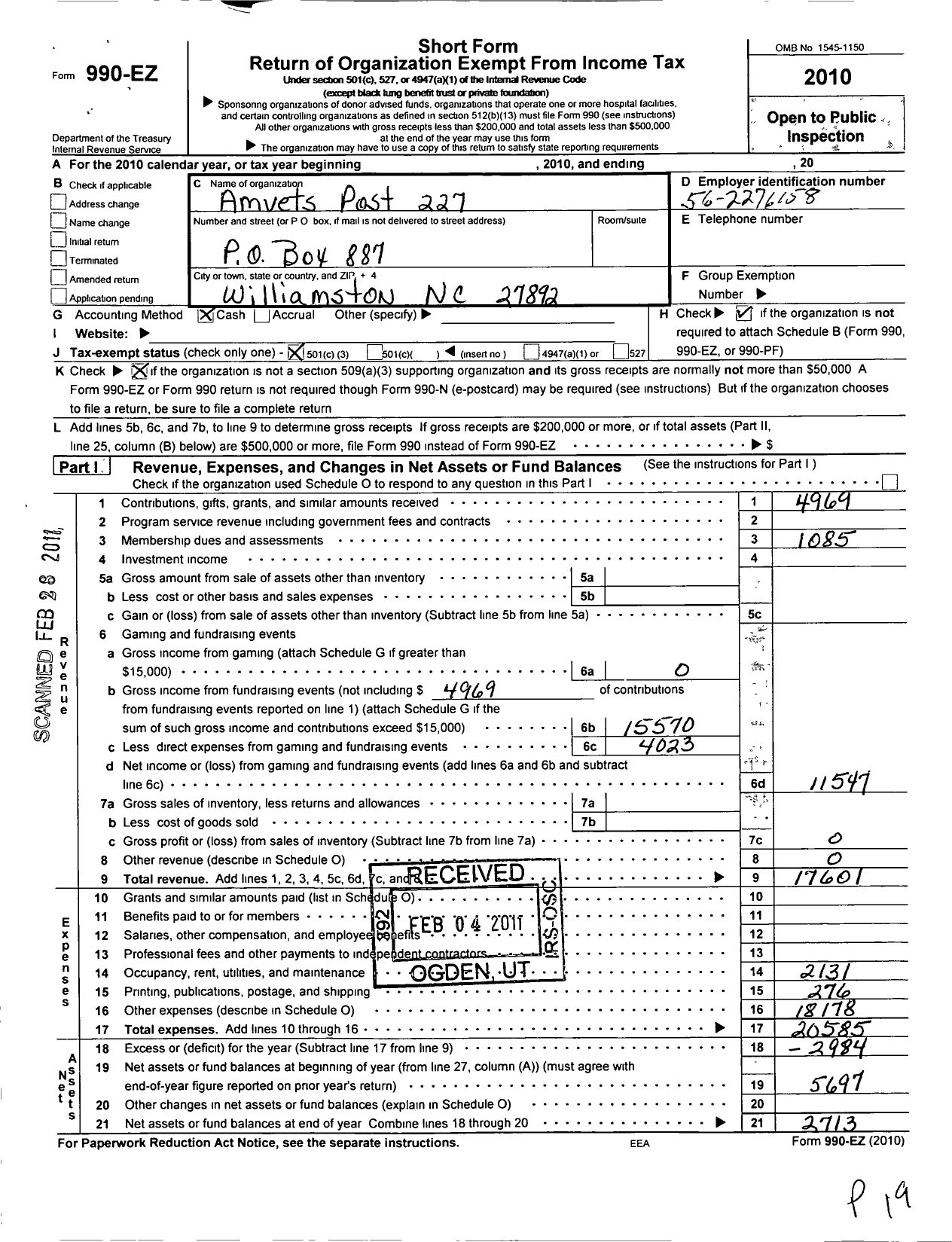 Image of first page of 2010 Form 990EZ for Amvets - 227 NC Post