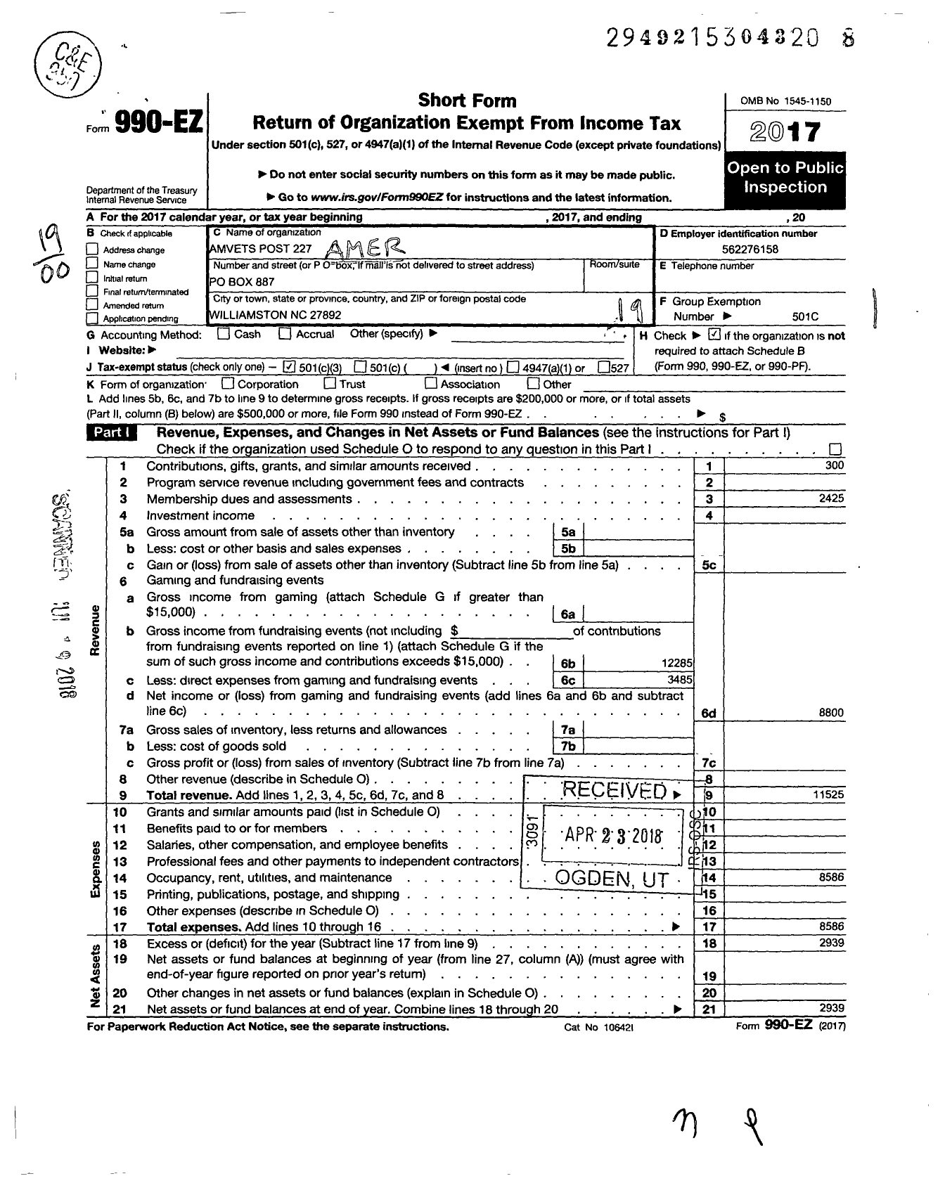 Image of first page of 2017 Form 990EO for Amvets - 227 NC Post