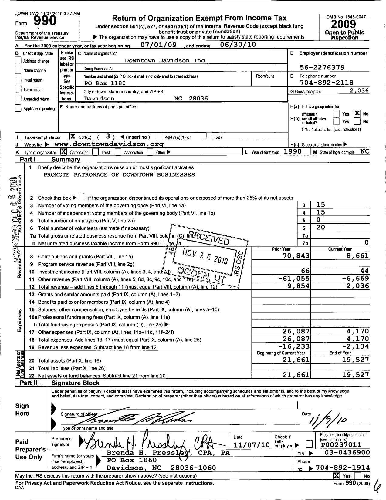Image of first page of 2009 Form 990 for Downtown Davidson