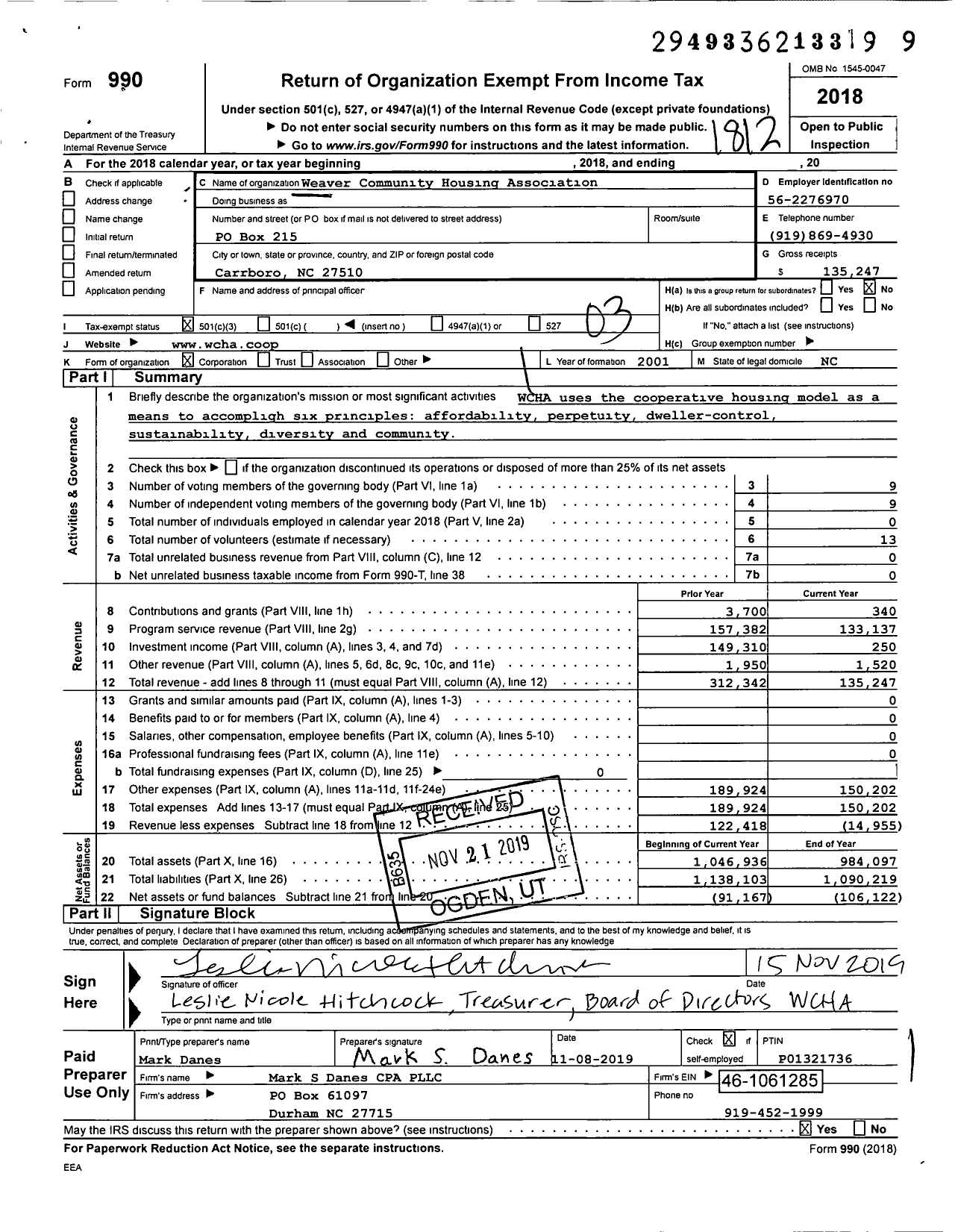 Image of first page of 2018 Form 990 for Weaver Community Housing Association