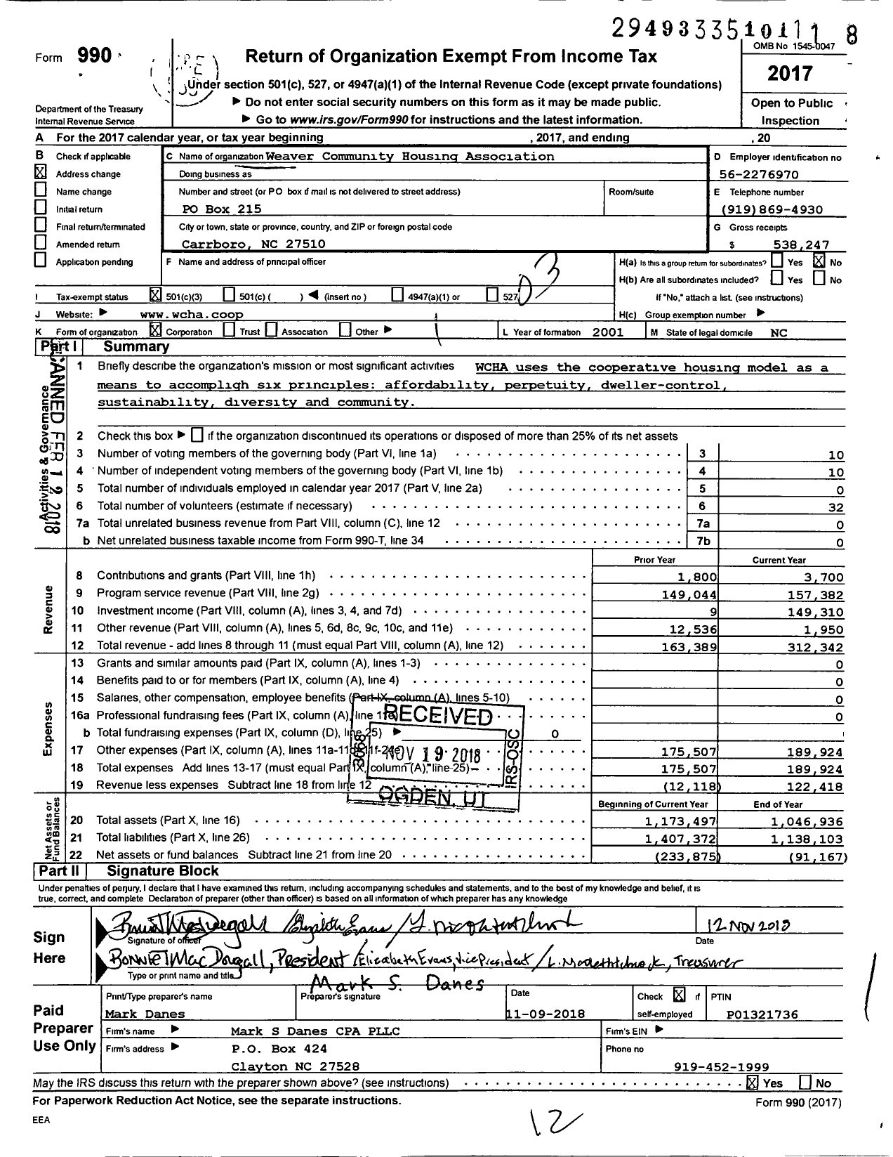 Image of first page of 2017 Form 990 for Weaver Community Housing Association