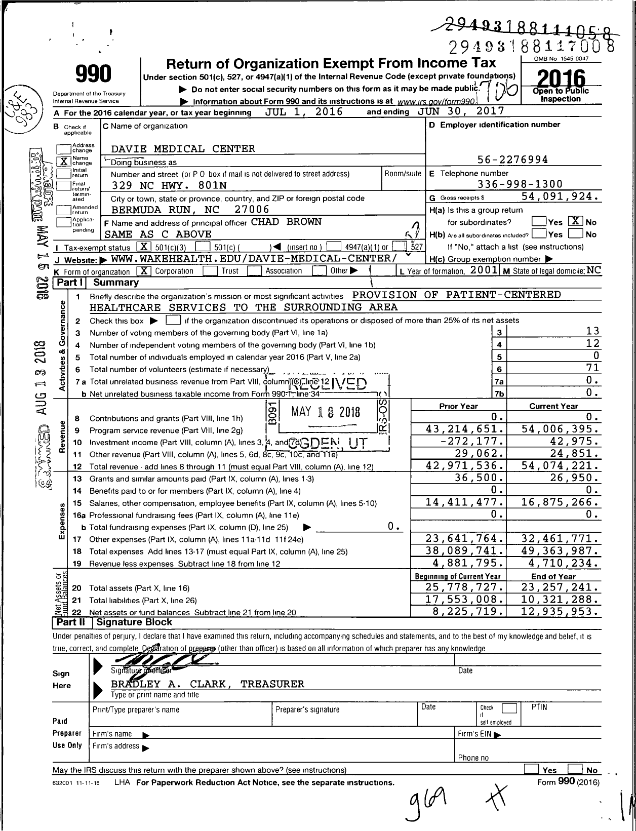 Image of first page of 2016 Form 990 for Atrium Health Wake Forest Baptist Davie Medical Center