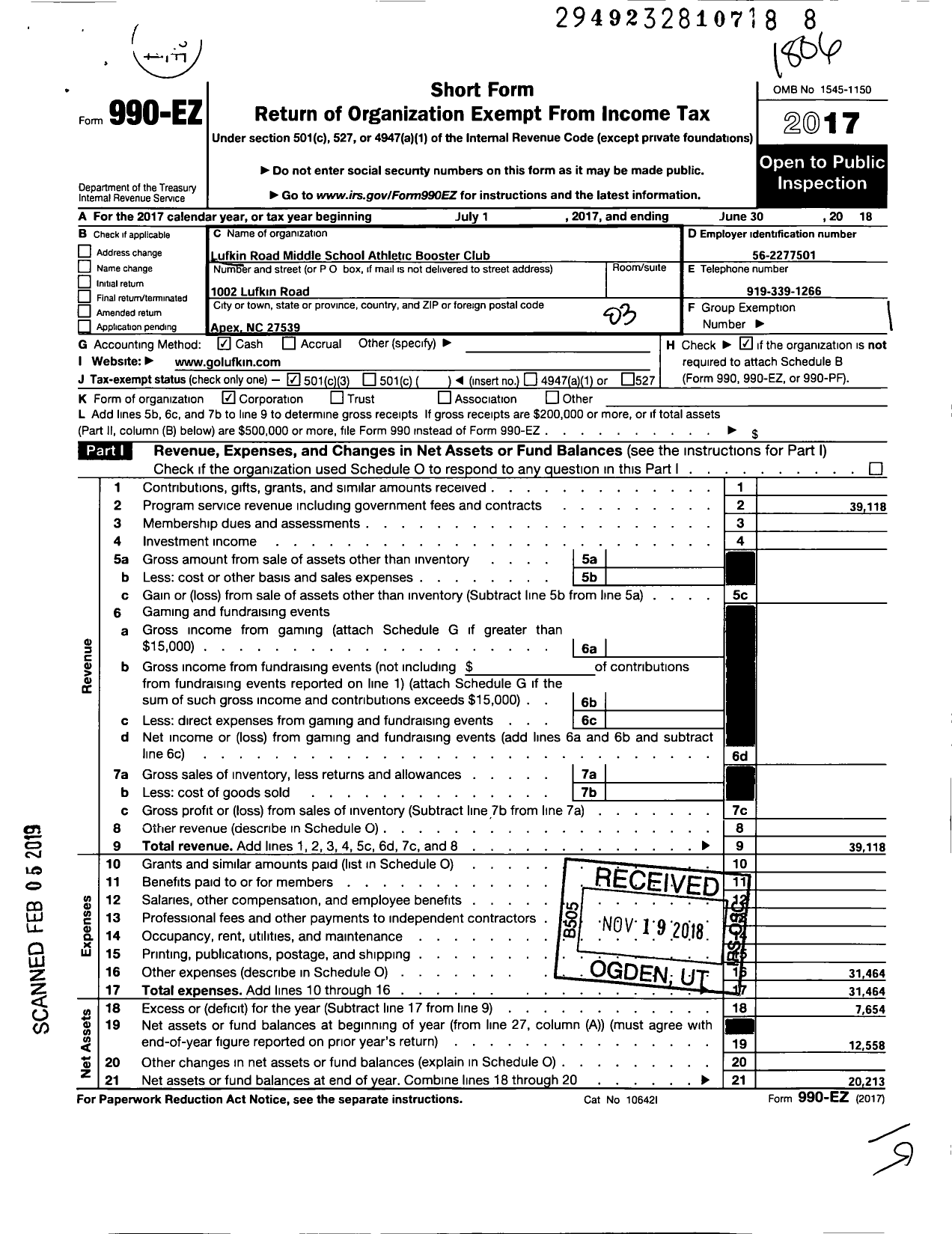 Image of first page of 2017 Form 990EZ for Lufkin Road School Athletic Booster Club