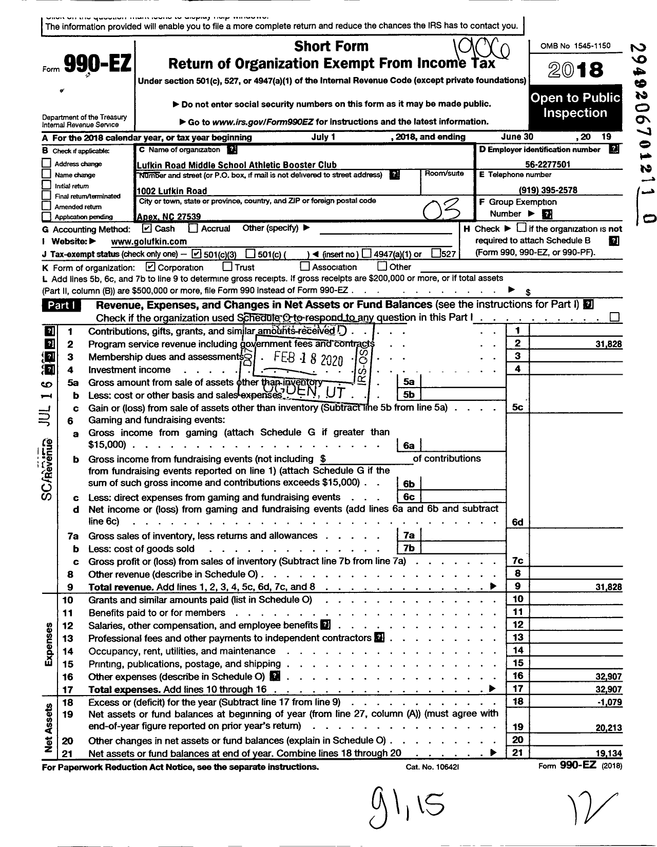 Image of first page of 2018 Form 990EZ for Lufkin Road School Athletic Booster Club