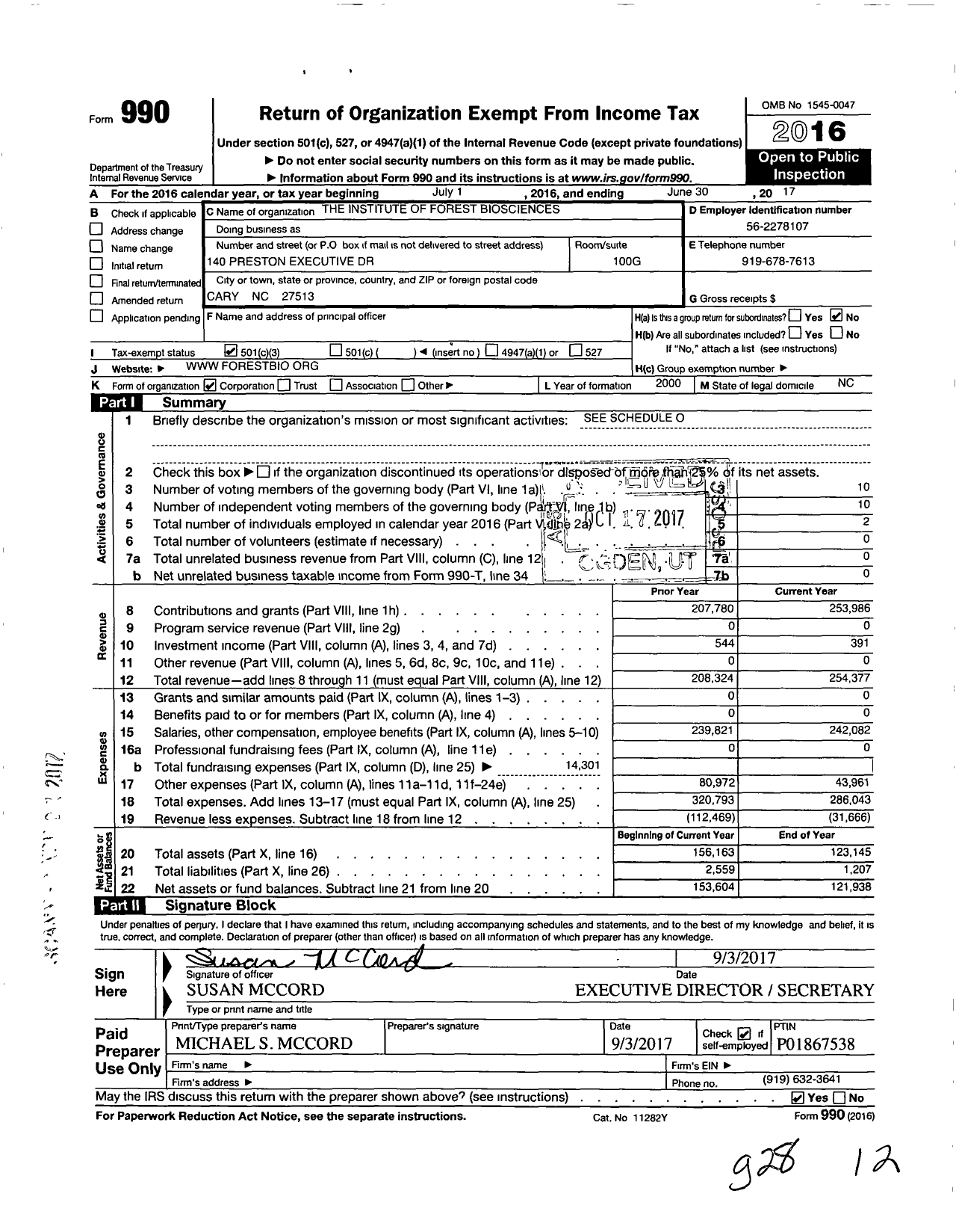 Image of first page of 2016 Form 990 for Institute of Forest Biosciences