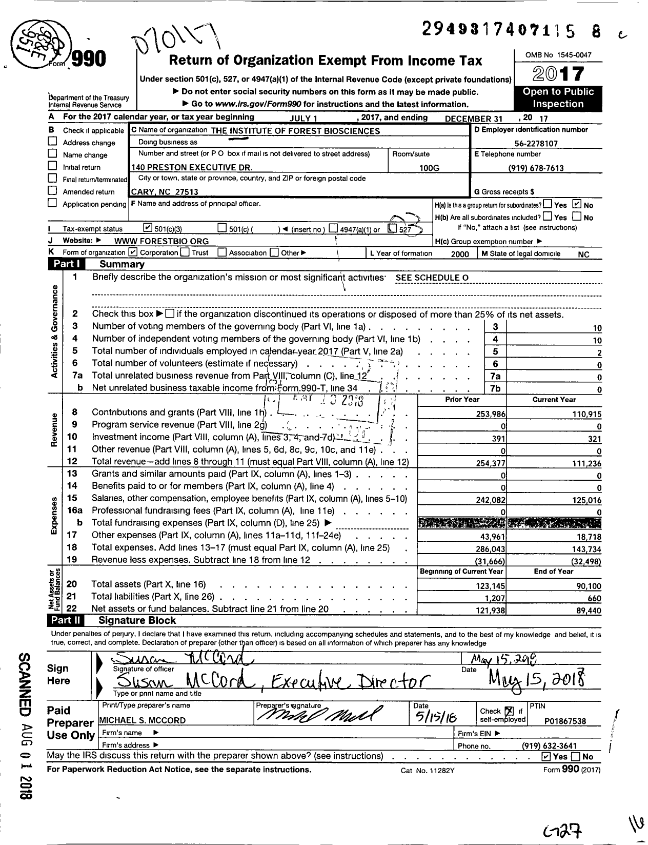 Image of first page of 2017 Form 990 for Institute of Forest Biosciences