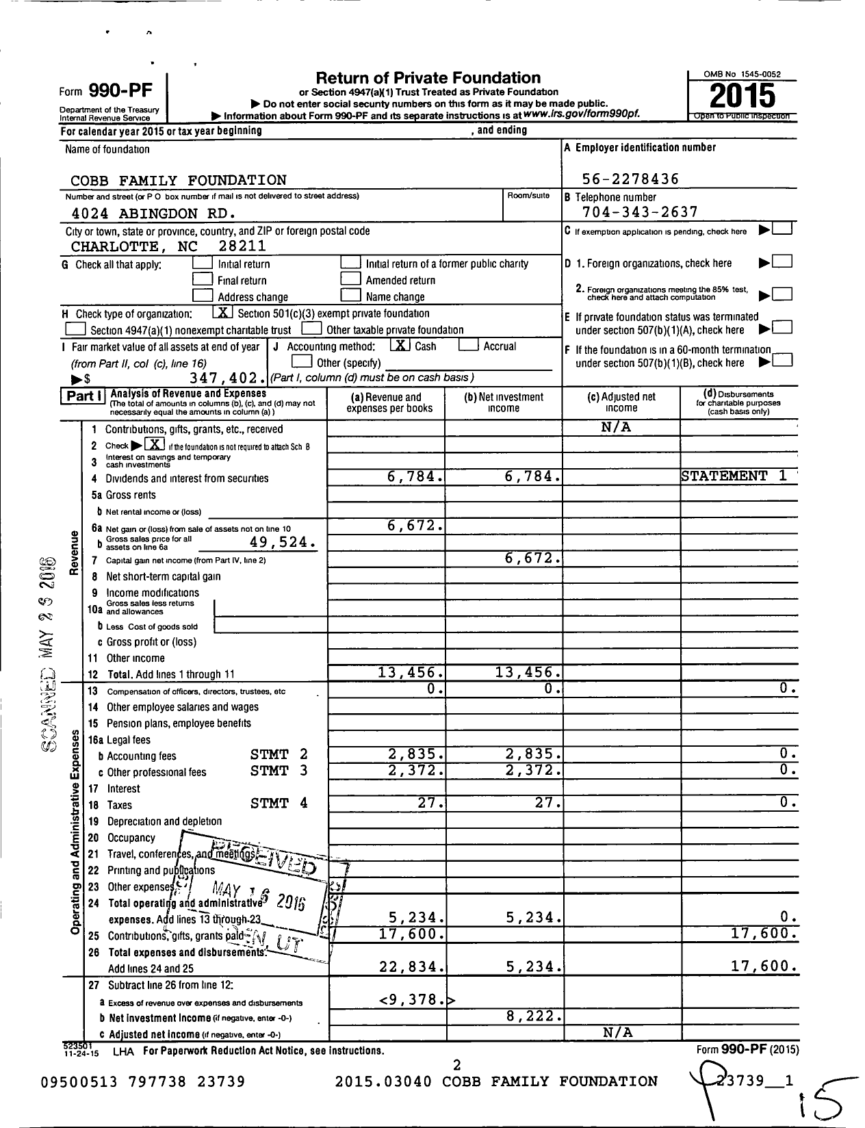 Image of first page of 2015 Form 990PF for Cobb Family Foundation Roger Cobb