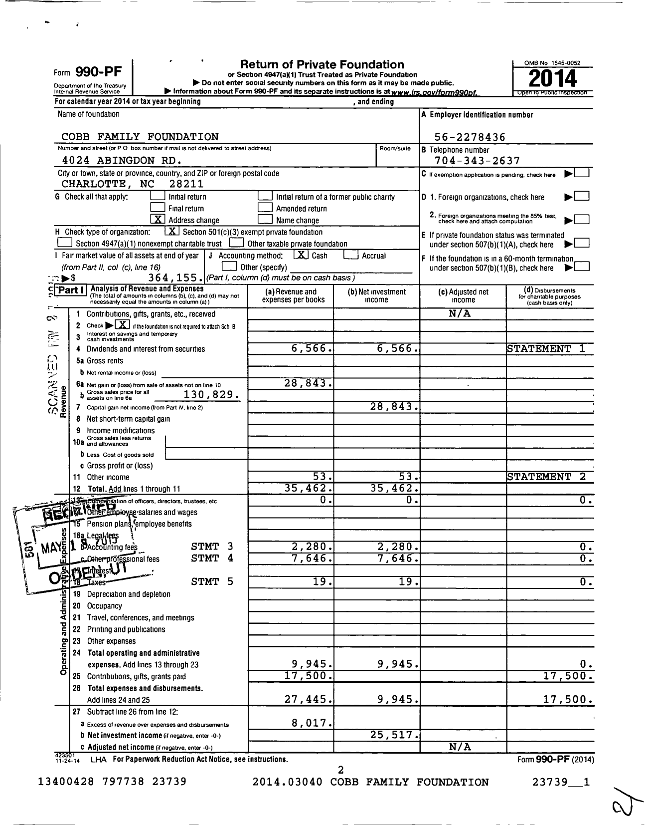 Image of first page of 2014 Form 990PF for Cobb Family Foundation Roger Cobb