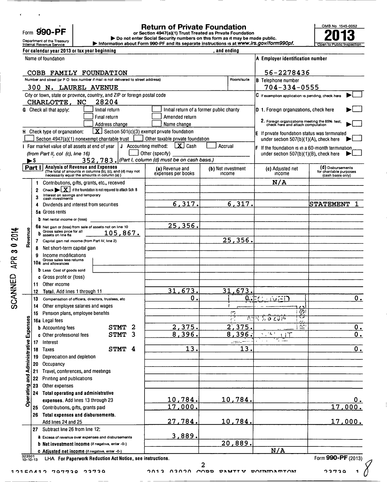 Image of first page of 2013 Form 990PF for Cobb Family Foundation Roger Cobb