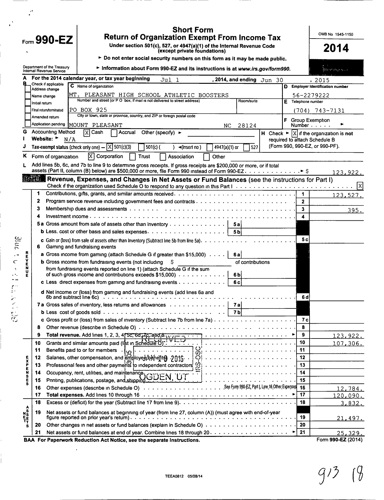 Image of first page of 2014 Form 990EZ for MT Pleasant High School Athletic Boosters