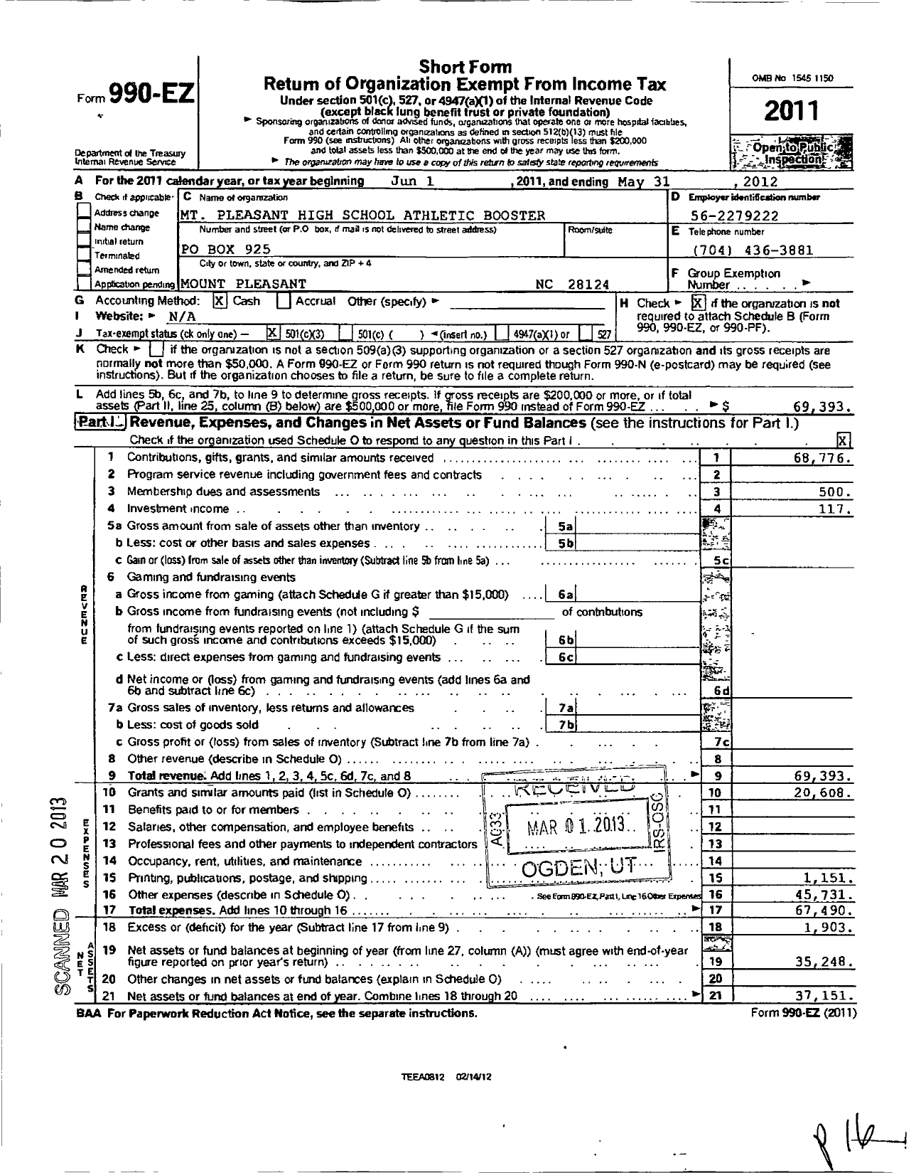 Image of first page of 2011 Form 990EZ for MT Pleasant High School Athletic Boosters