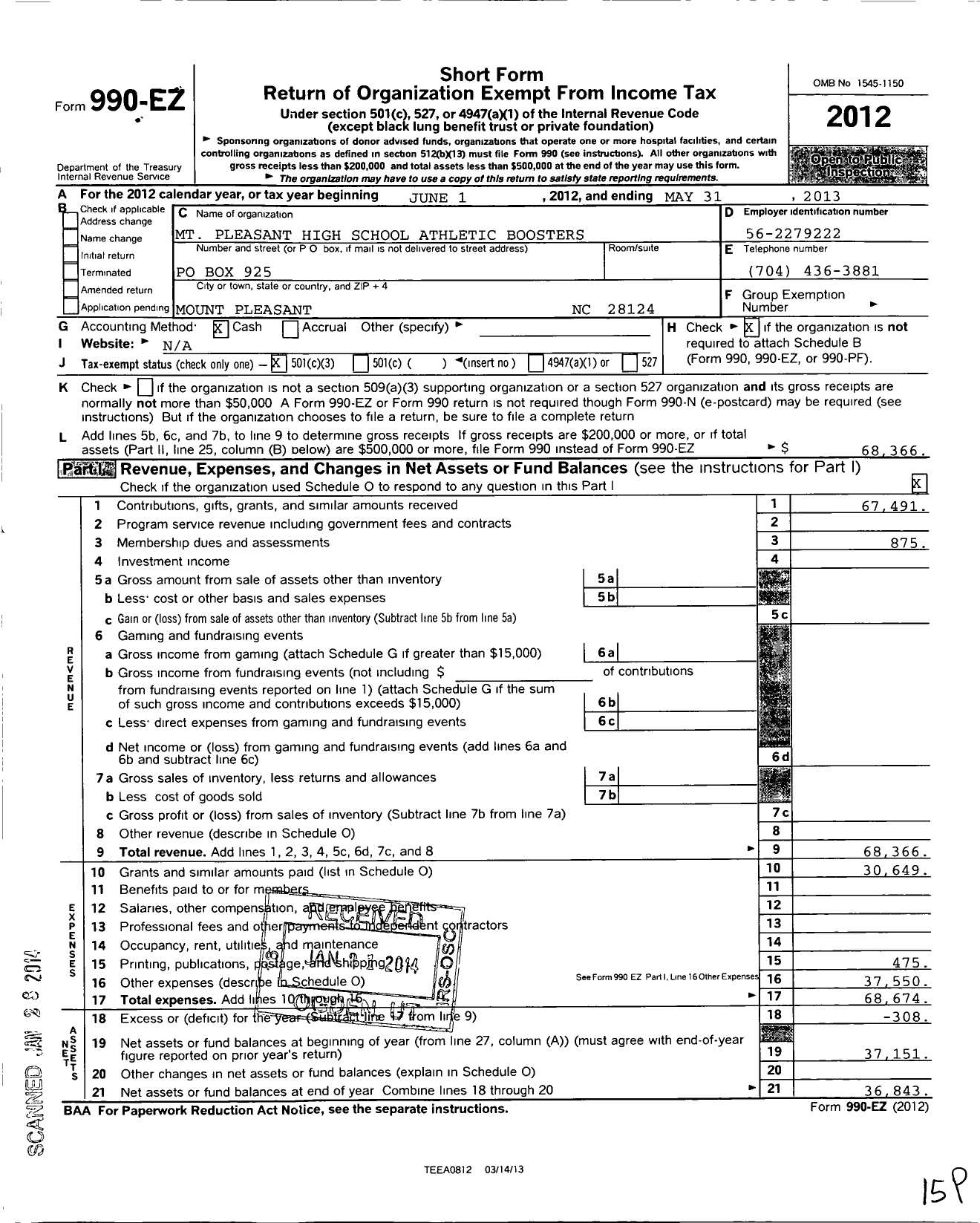 Image of first page of 2012 Form 990EZ for MT Pleasant High School Athletic Boosters