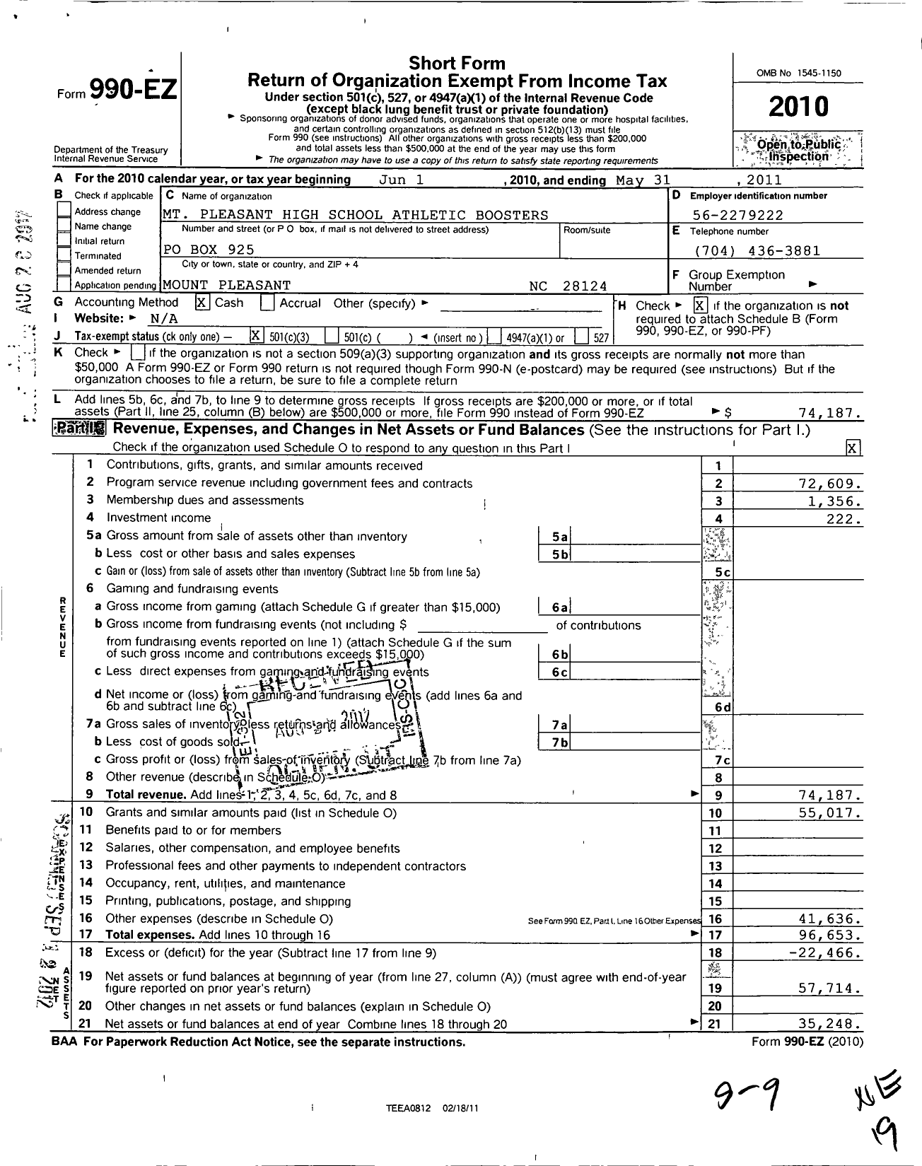 Image of first page of 2010 Form 990EZ for MT Pleasant High School Athletic Boosters