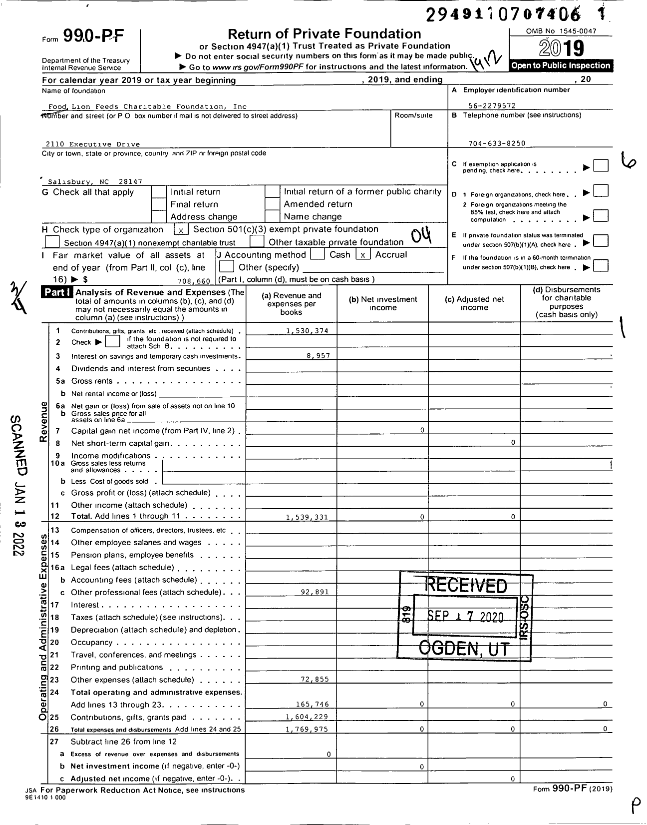 Image of first page of 2019 Form 990PF for Food Lion Feeds Charitable Foundation