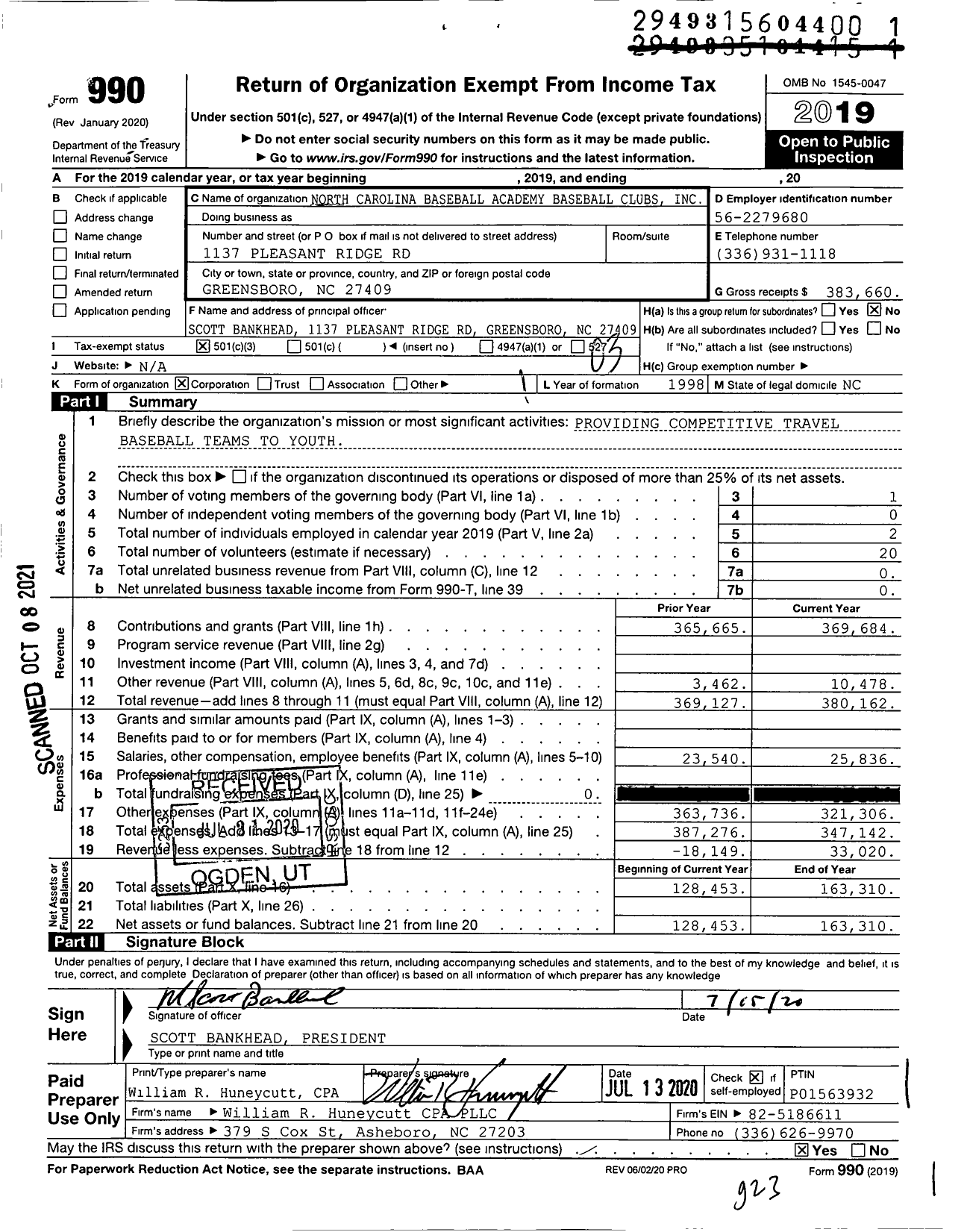 Image of first page of 2019 Form 990 for North Carolina Baseball Academy Baseball Clubs