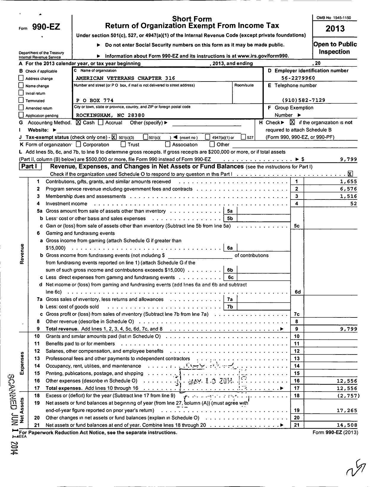 Image of first page of 2013 Form 990EZ for Amvets - 316 NC Post