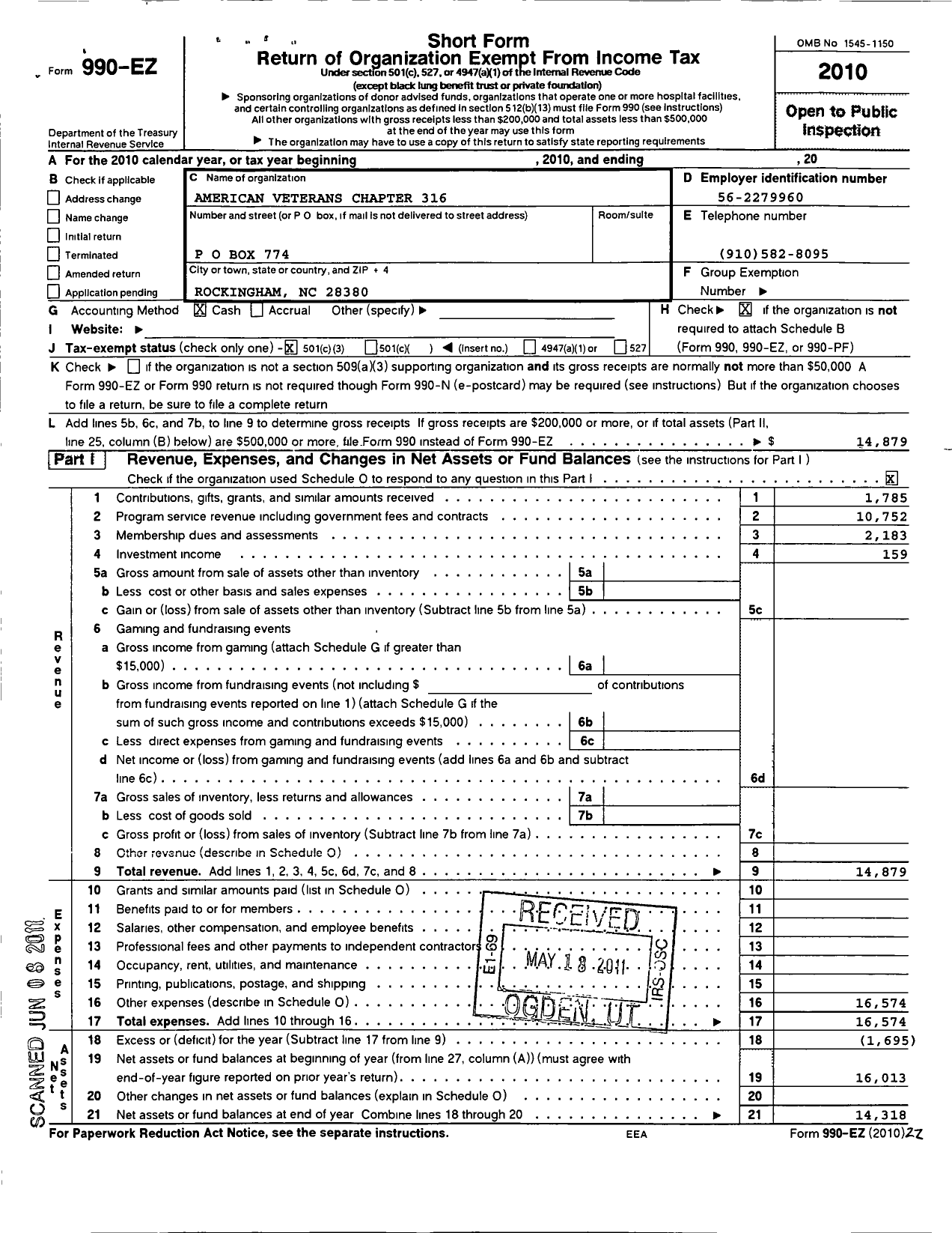 Image of first page of 2010 Form 990EZ for Amvets - 316 NC Post