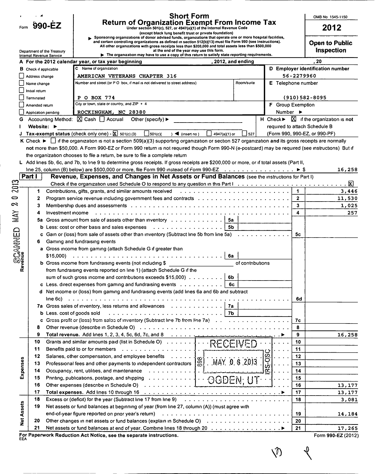 Image of first page of 2012 Form 990EZ for Amvets - 316 NC Post