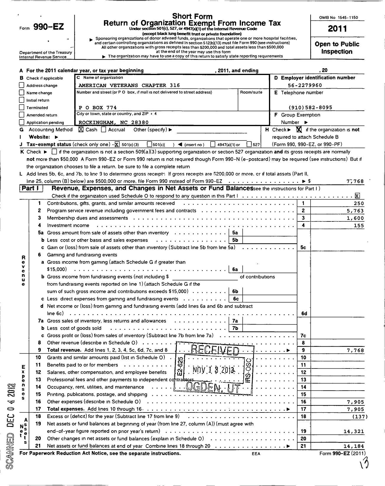 Image of first page of 2011 Form 990EZ for Amvets - 316 NC Post