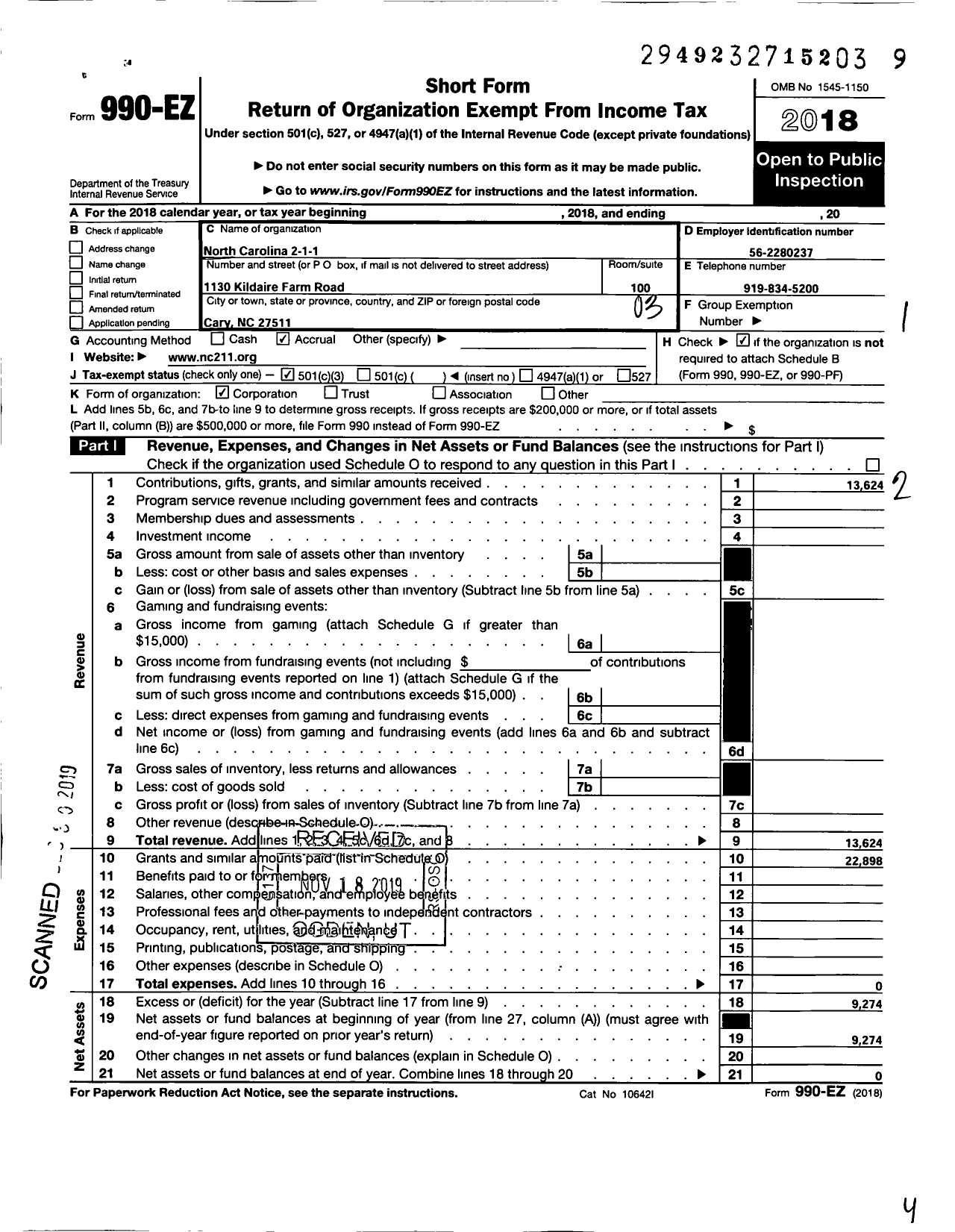 Image of first page of 2018 Form 990EZ for North Carolina 211