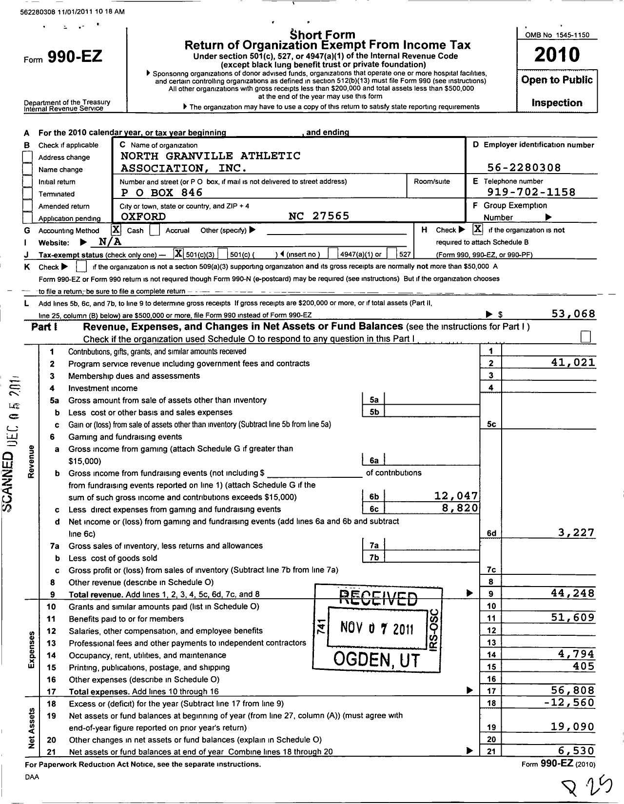 Image of first page of 2010 Form 990EZ for North Granville Athletic Association