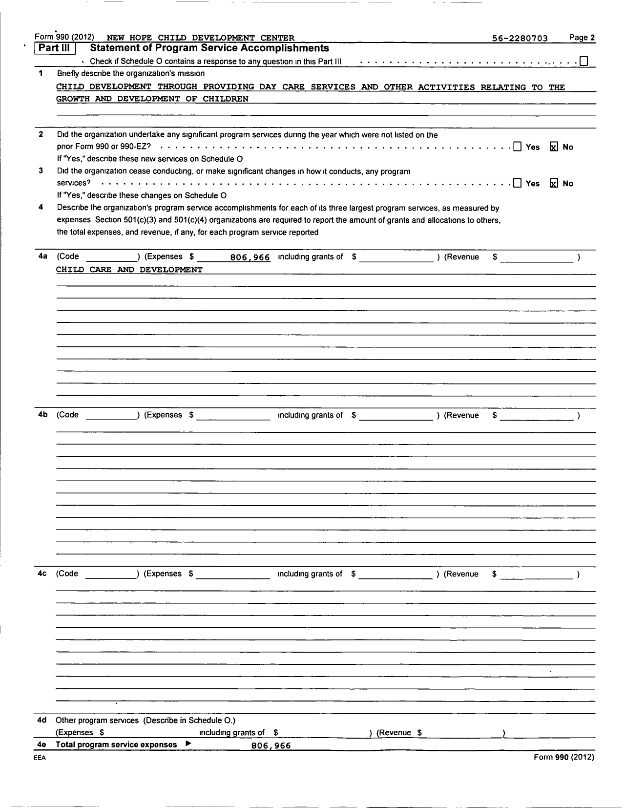 Image of first page of 2012 Form 990 for New Hope Child Development Center