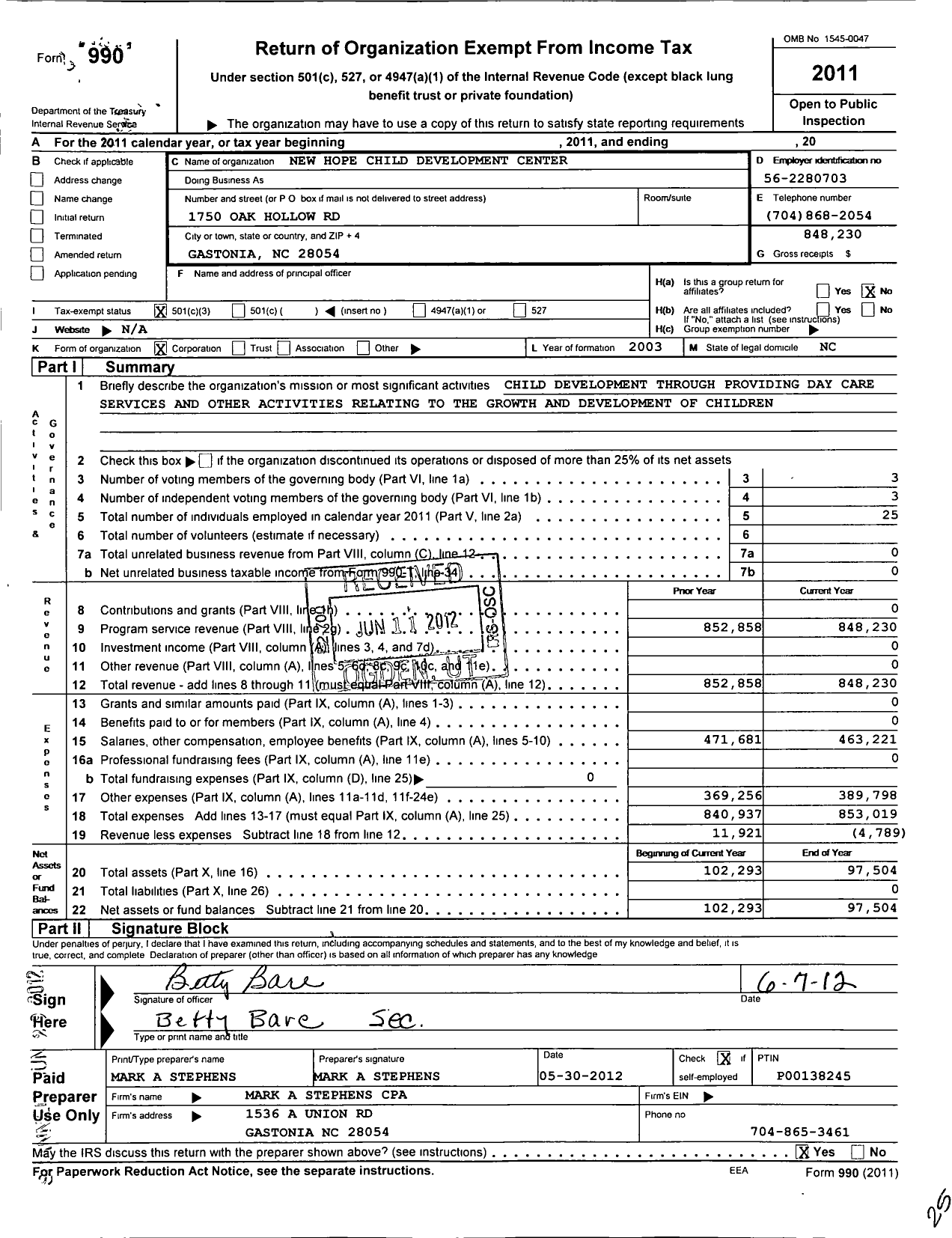 Image of first page of 2011 Form 990 for New Hope Child Development Center