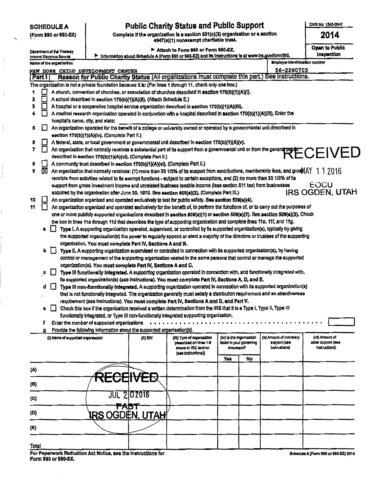 Image of first page of 2014 Form 990O for New Hope Child Development Center