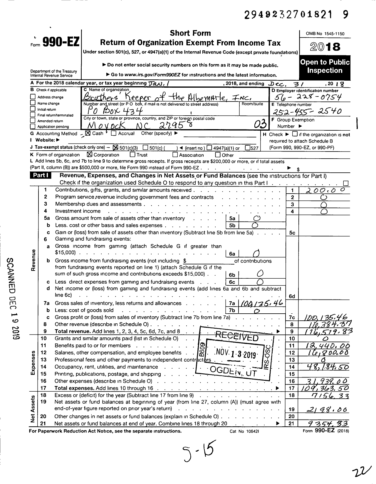 Image of first page of 2018 Form 990EZ for Brothers Keeper of the Albemarle