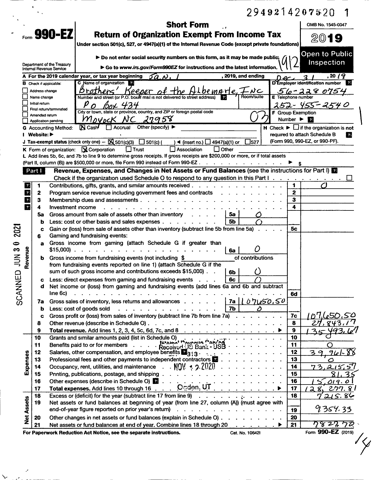 Image of first page of 2019 Form 990EZ for Brothers Keeper of the Albemarle