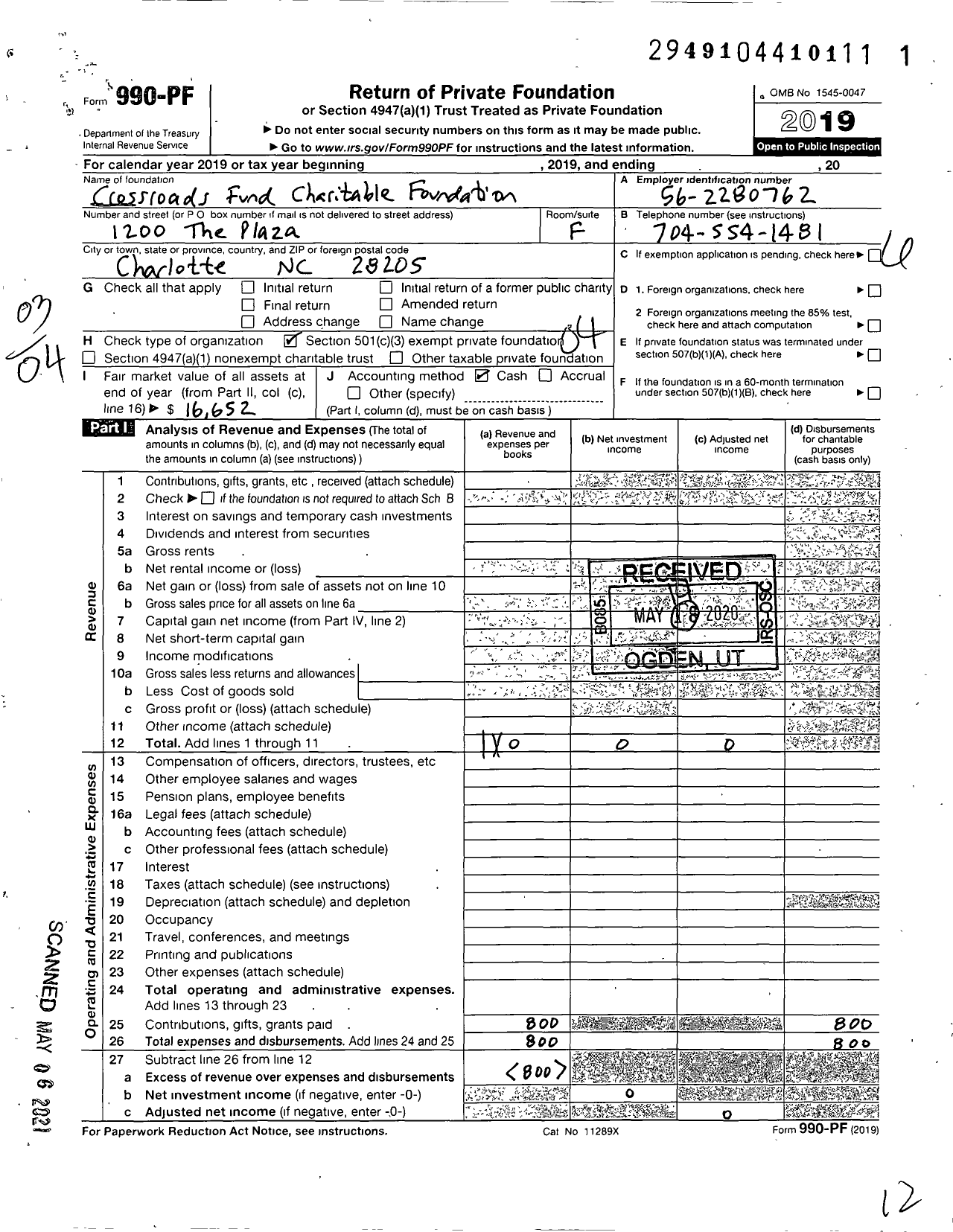 Image of first page of 2019 Form 990PF for Crossroads Fund Charitable Foundation