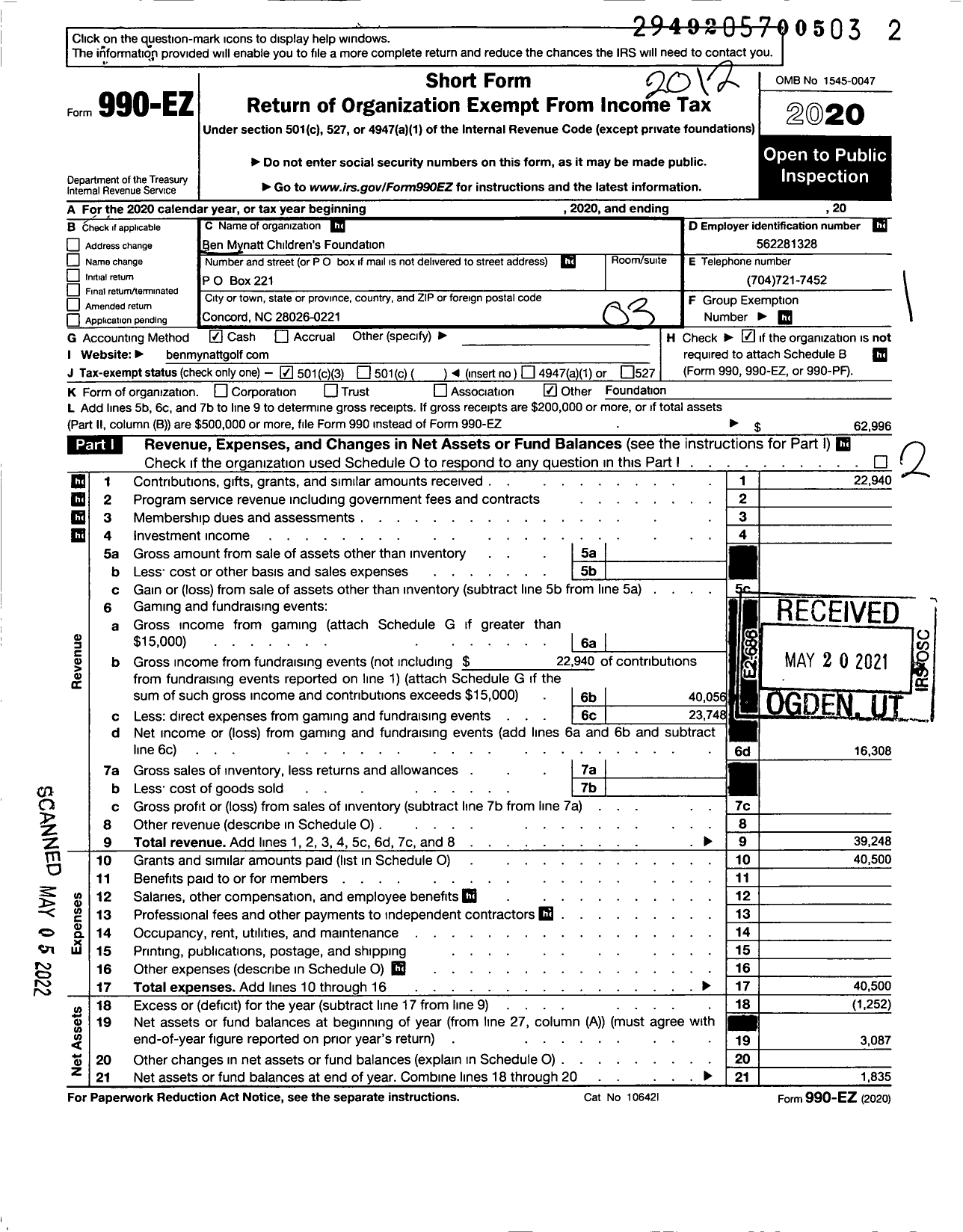 Image of first page of 2020 Form 990EZ for Ben Mynatt Childrens Foundation