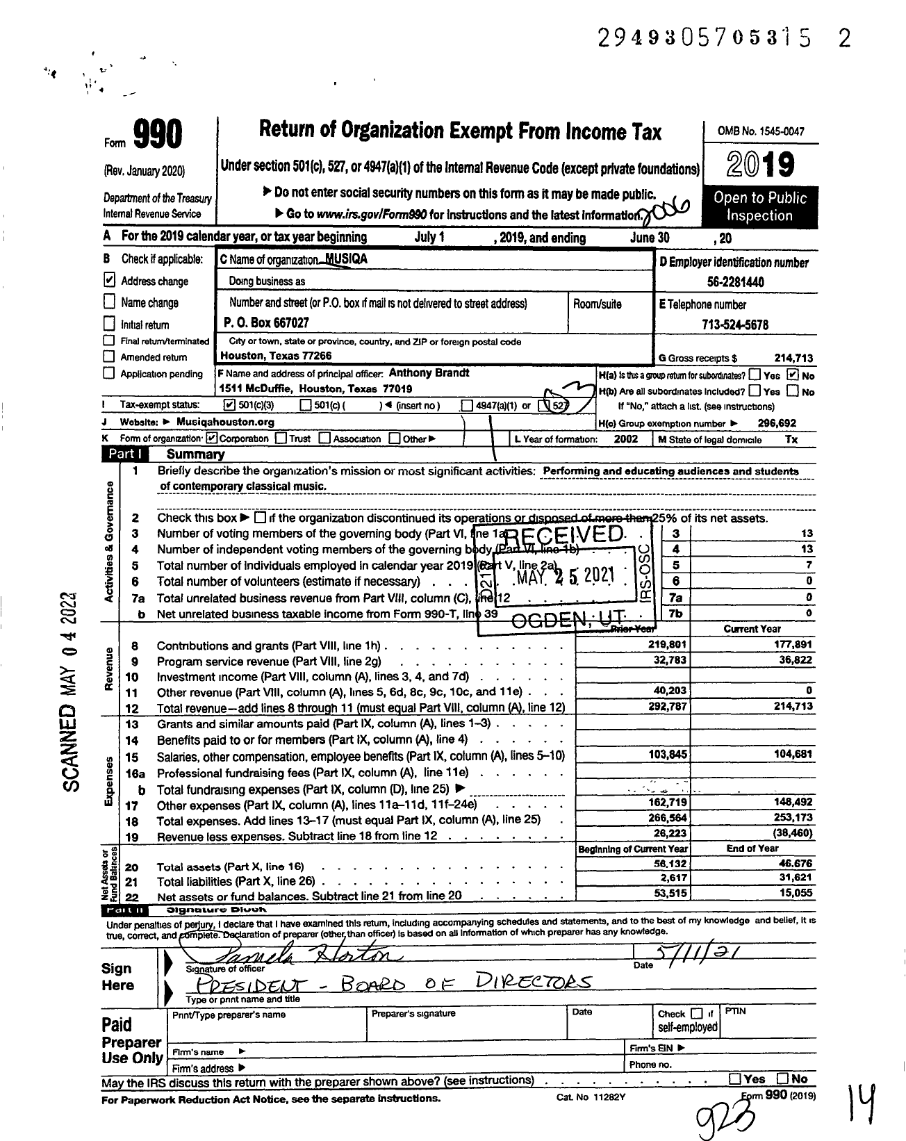 Image of first page of 2019 Form 990 for Musiqa