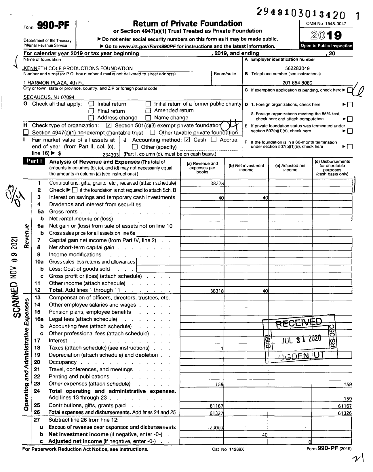 Image of first page of 2019 Form 990PF for Kenneth Cole Productions Foundation