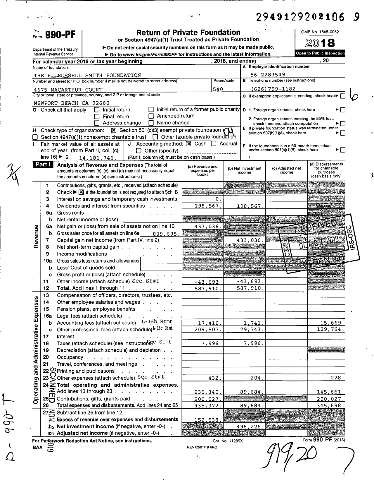 Image of first page of 2018 Form 990PF for H. Russell Smith Foundation